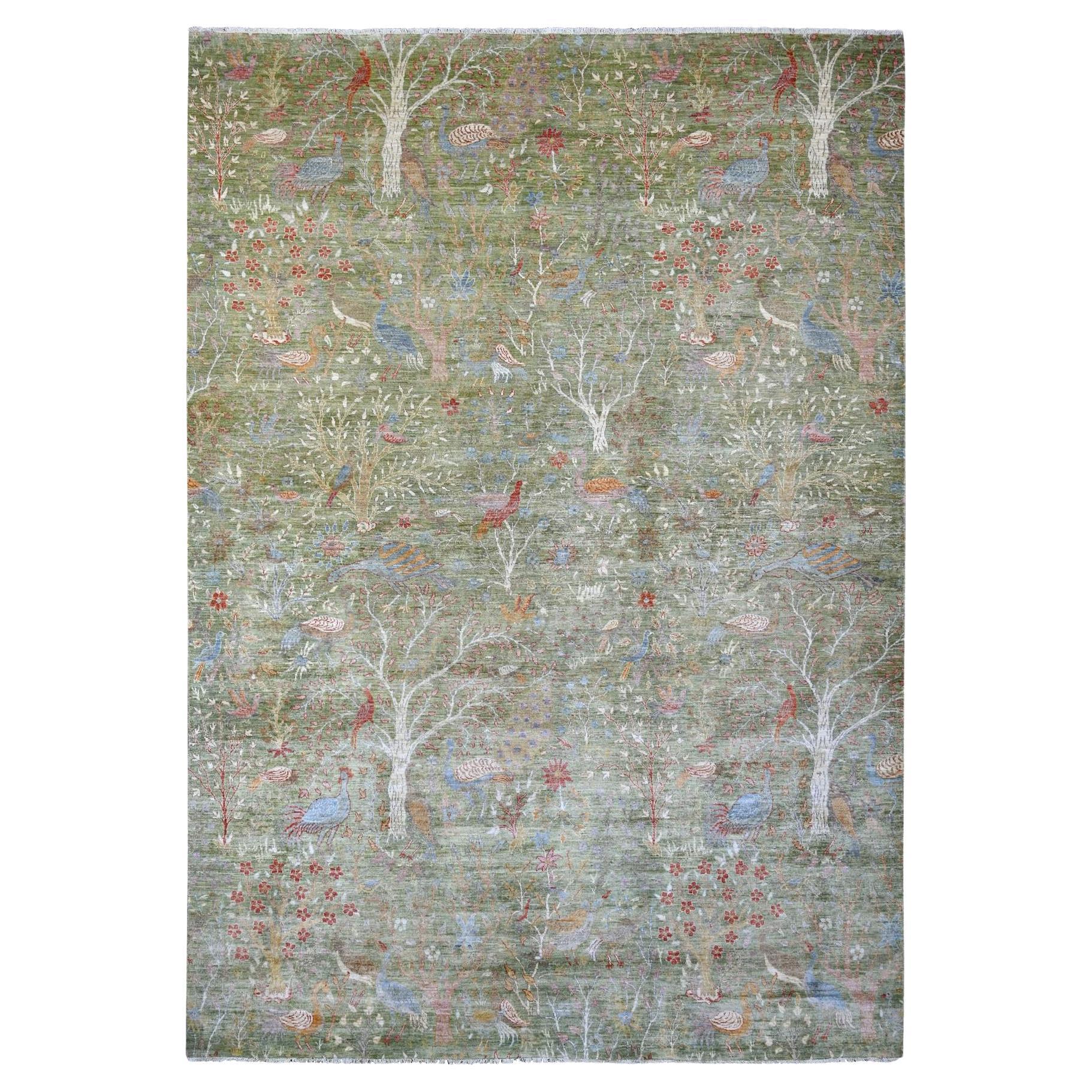 9
10"x14
Green Afghan Peshawar Birds of Paradise Design Hand Knotted Wool Rug