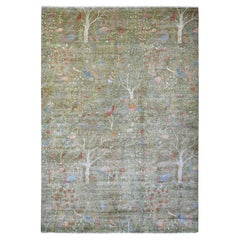 9
10"x14
Green Afghan Peshawar Birds of Paradise Design Hand Knotted Wool Rug