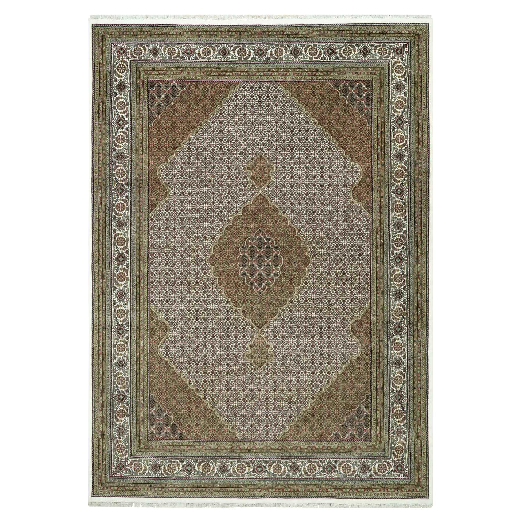 9'10"x14' Highland White Pure Wool Tebraz Mahi Design Hand Knotted Rug