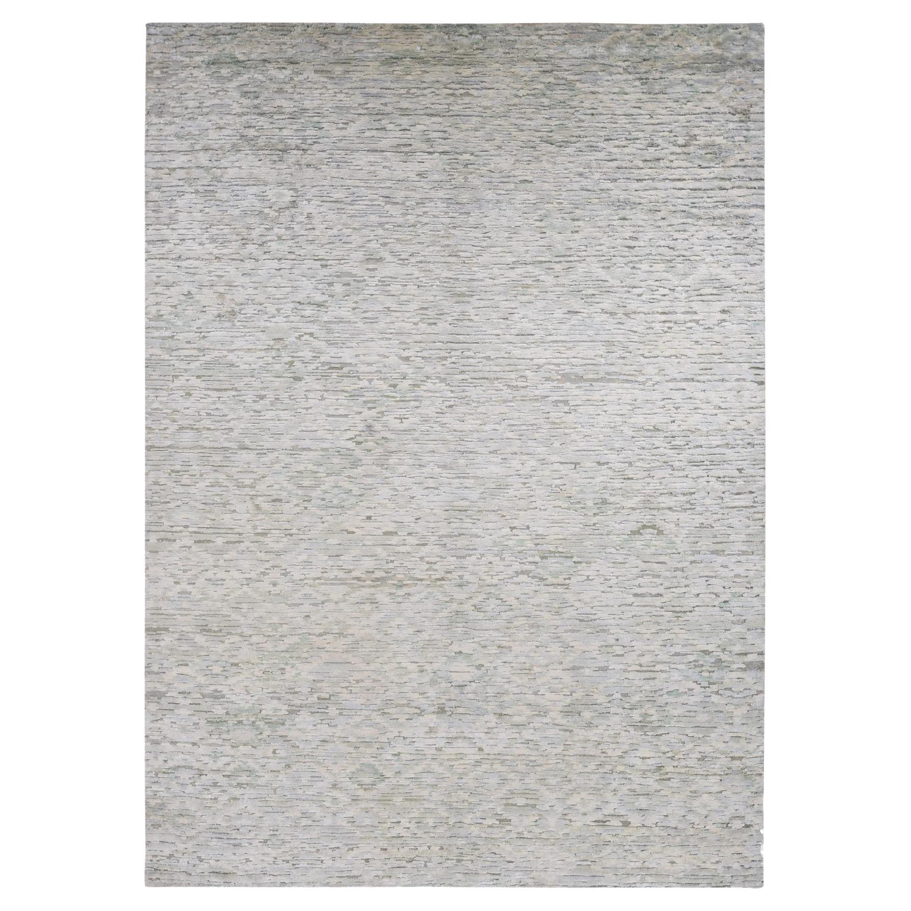 9'10"x14' Ivory Pure Silk with Textured Wool Fluffy Collection Hand Knotted Rug For Sale