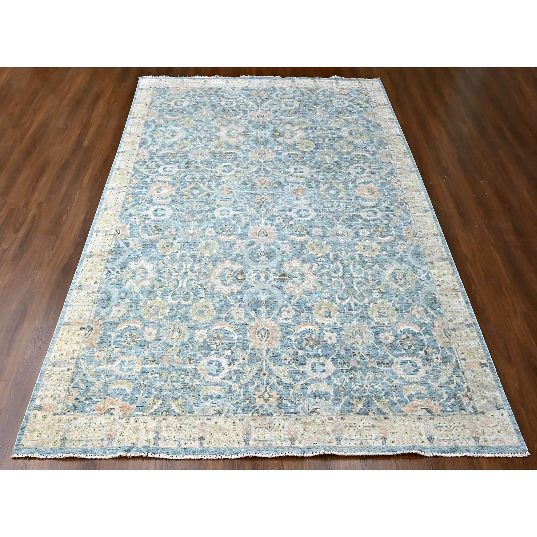 Ruddy Blue, Hand Knotted, Distressed, Antiqued Persian with Ziegler Mahal Design, Oxidized, Zero Pile, Shaved Low, Pure Wool, Oriental Rug
Primary materials: Wool
Latex: No Pile 
height: 0.25 Inches
Style: Traditional
Primary color: Blue
Secondary