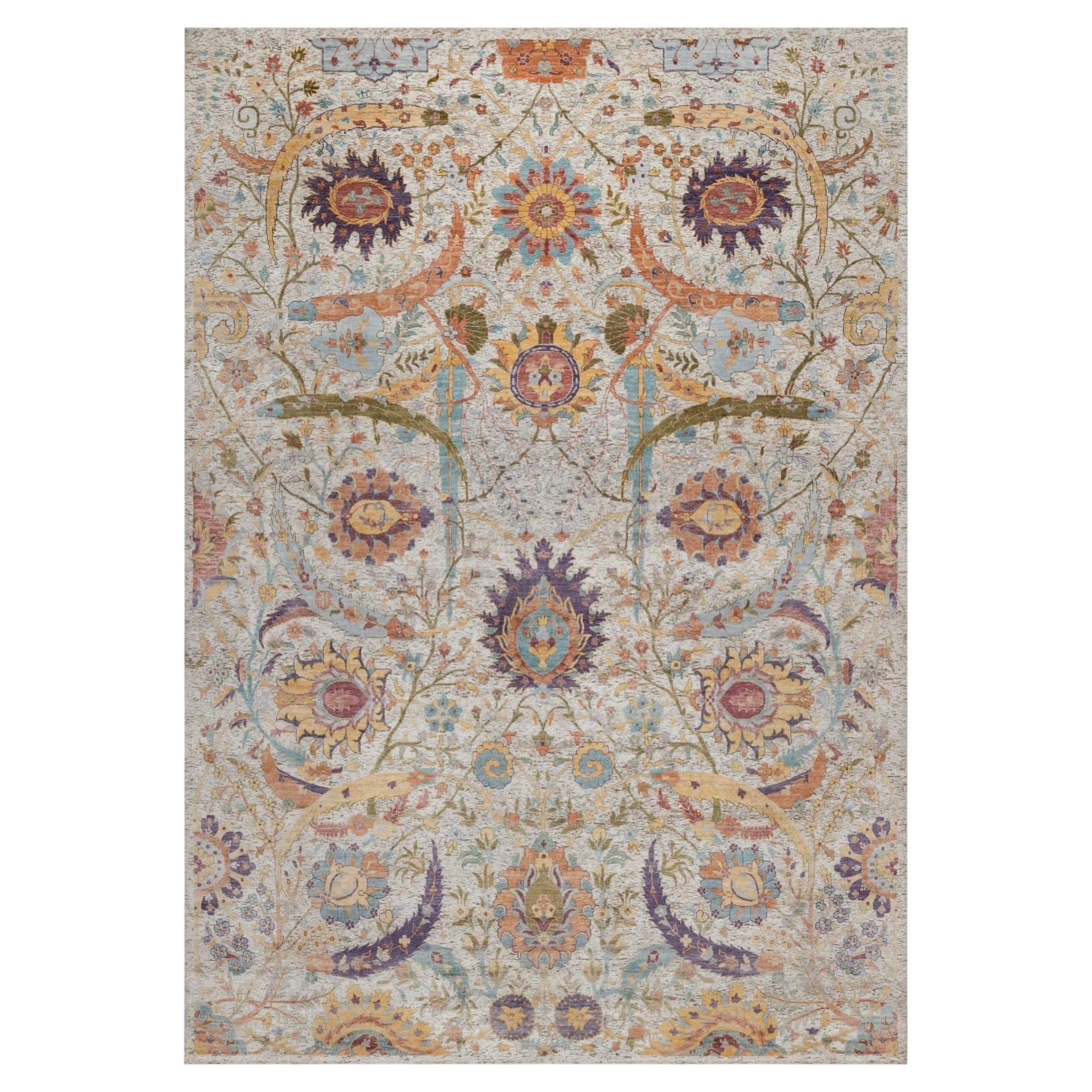 9'10"x14'2" Ivory Silk with Textured Wool Hand Knotted Sickle Leaf Design Rug