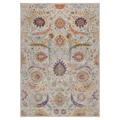 9'10"x14'2" Ivory Silk with Textured Wool Hand Knotted Sickle Leaf Design Rug