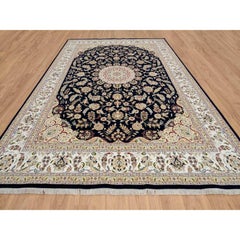 9'10"x14'3" Midnight Blue Hand Knotted Nain with Flower Design Wool Rug