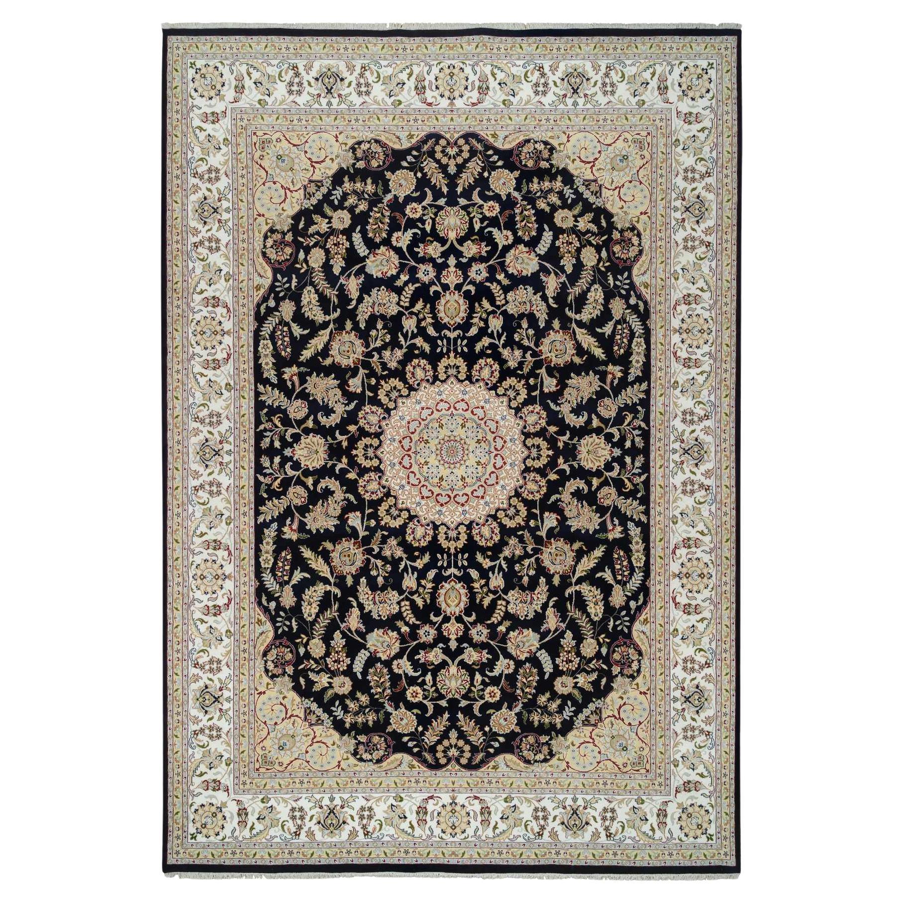 9'10"x14'3" Midnight Blue Hand Knotted Nain with Flower Design Wool Rug For Sale