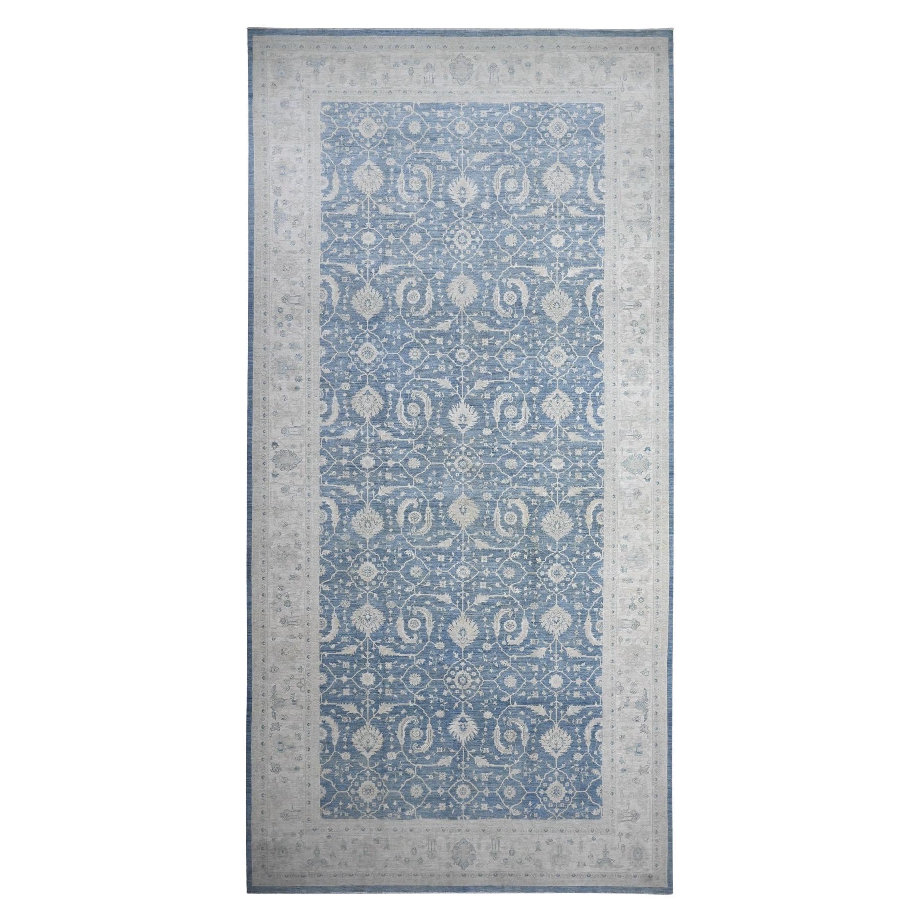 9'10 "x20'3" Marlin Blue Tappeto lungo e stretto oversize in lana Peshawar annodato a mano