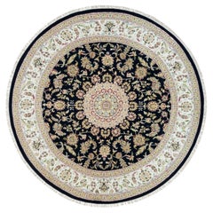 9'10"x9'10" Blue 250 KPSI Soft Wool Hand Knotted Nain Flower Design Round Rug