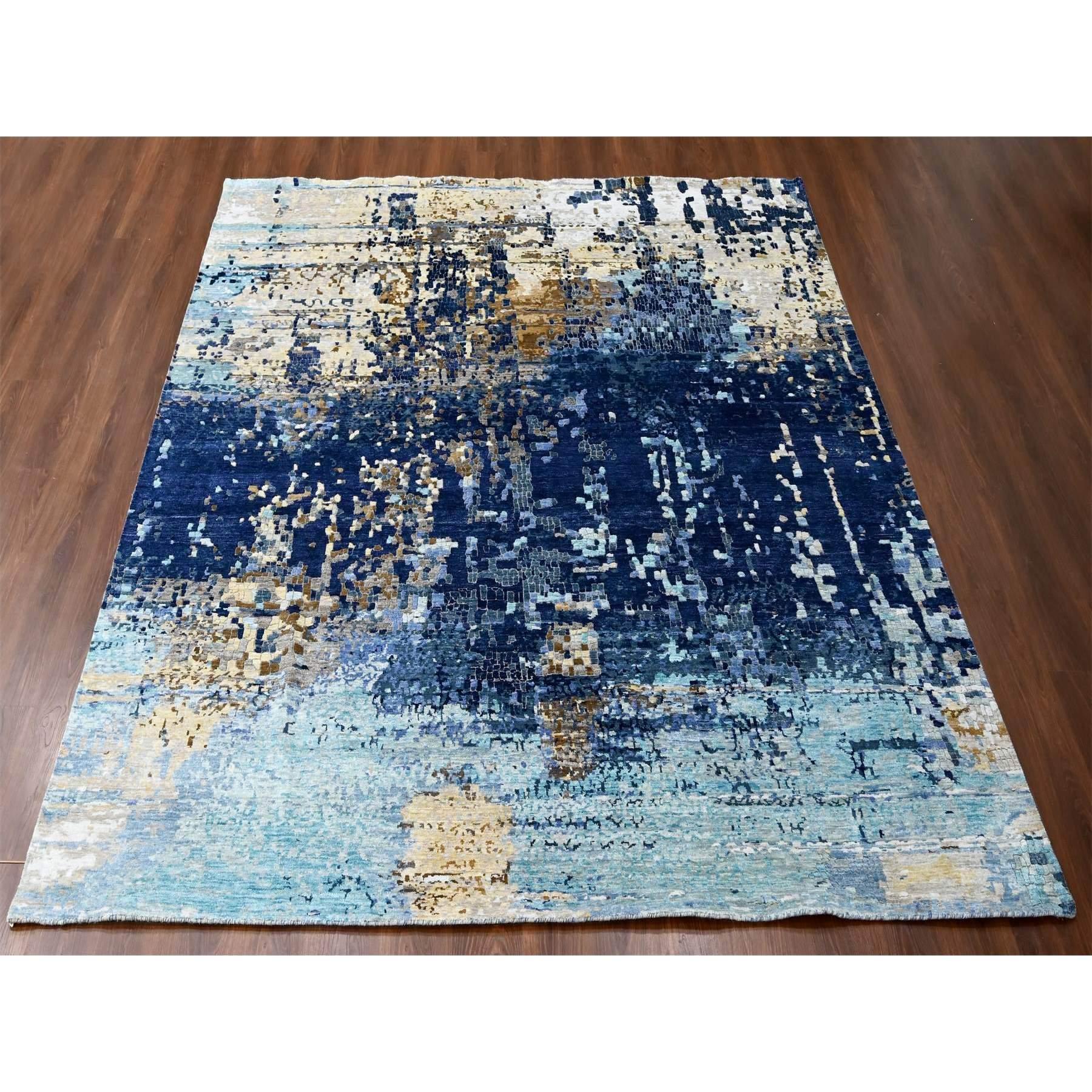 Aegean Blue with Beige, Mosaic Design, Wool and Silk, Hand Knotted, Square, Oriental Rug
Primary materials: Wool & Silk
Latex: No Pile
 height: 0.25 Inches
Style: Contemporary Primary 
color: Blue
Secondary colors: Light Green, Brown, Charcoal