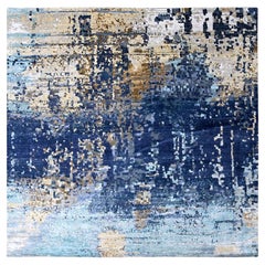 9'10"x9'10" Blue Mosaic Design Wool and Silk Hand Knotted Square Oriental Rug