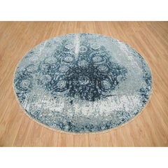 9'10"x9'10" Blue-Teal Persian Tabriz Design Wool and Silk Hand Knotted Round Rug