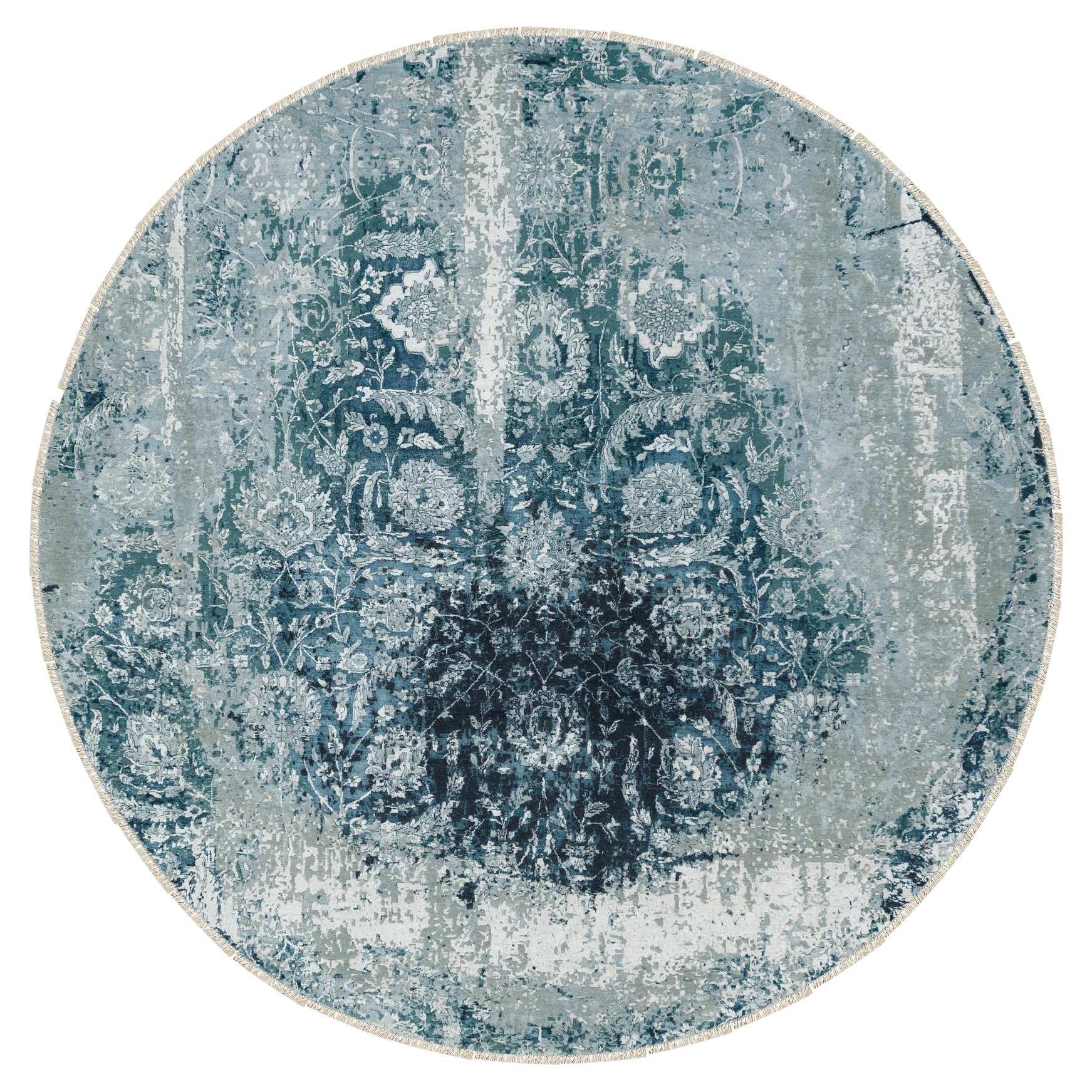 9'10 "x9'10" Blu-Teal Tappeto rotondo persiano Tabriz Design in lana e seta annodato a mano