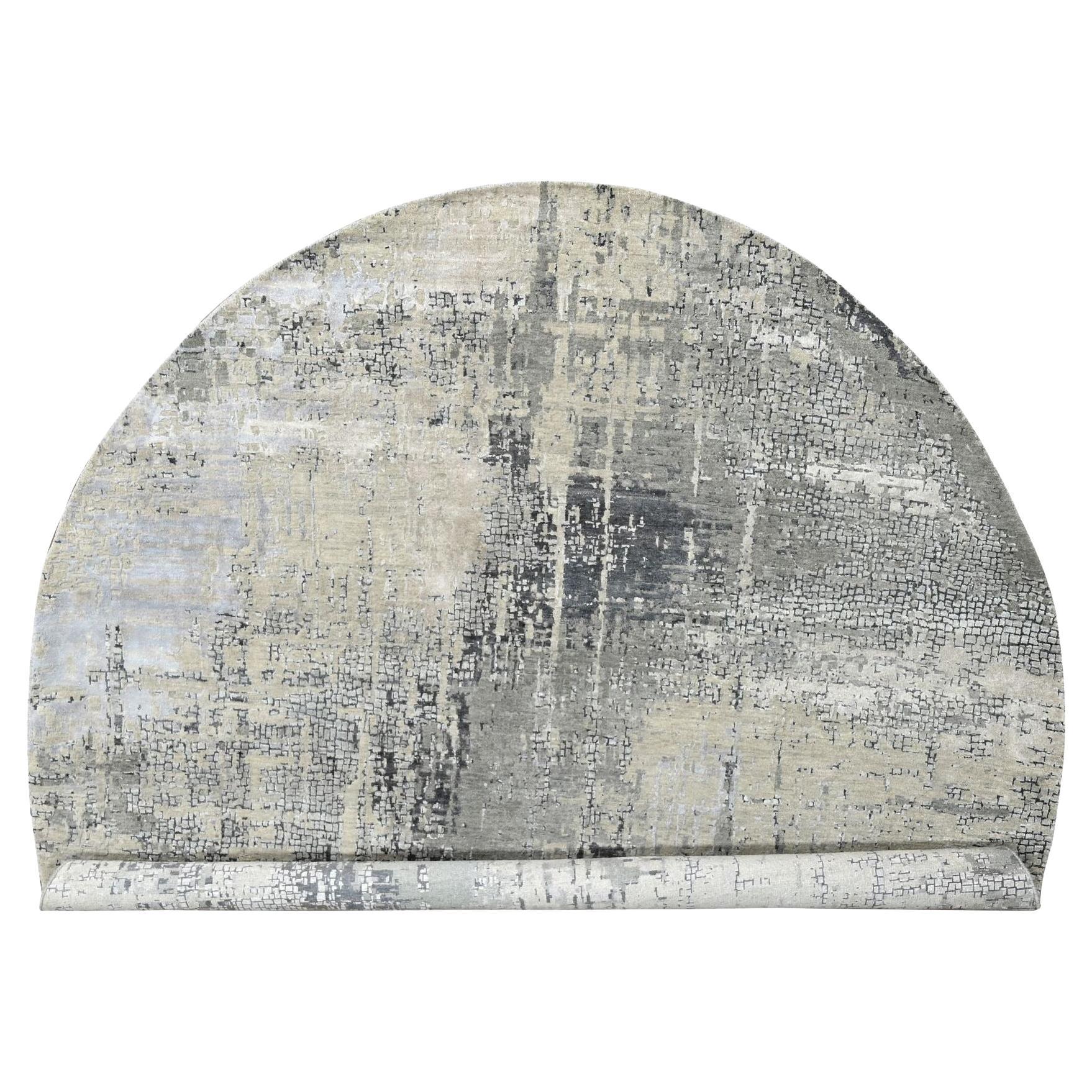 9'10"x9'10" Cloud Gray, Hand Knotted, Abstract Design, Wool and Silk, Round Rug