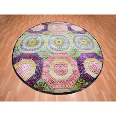 9'10"x9'10" Colorful Mamluk Design Sari Silk with Wool Hand Knotted Round Rug