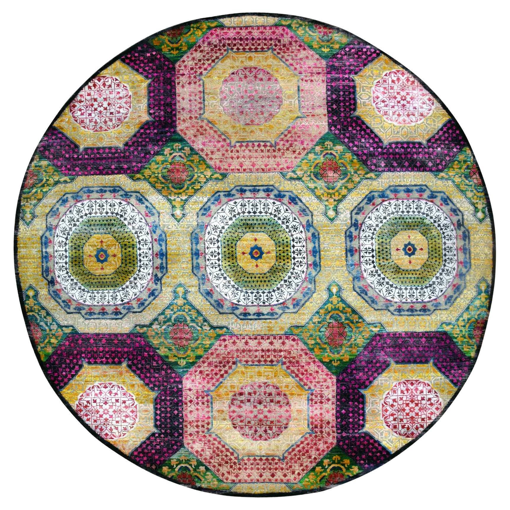 9
10 "x9
10" Colorful Mamluk Design Sari Silk with Wool Hand Knotsted Round Rugs (tapis rond noué à la main)