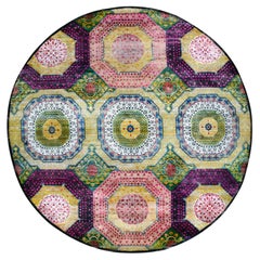 9
10 "x9
10" Colorful Mamluk Design Sari Silk with Wool Hand Knotsted Round Rugs (tapis rond noué à la main)