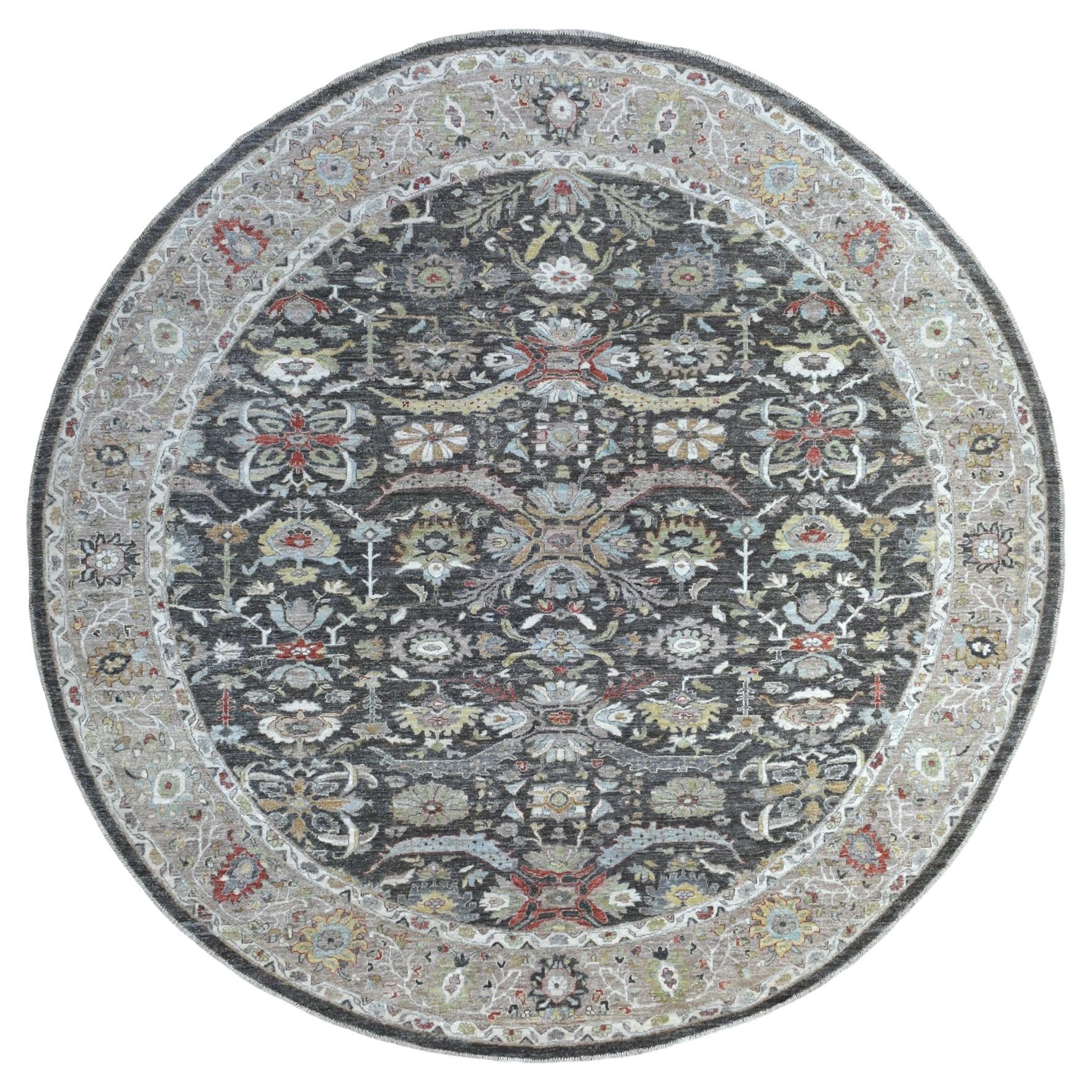 9'10"x9'10" Dark Gray Peshawar Heriz Design wool Hand Knotted Oriental Round Rug
