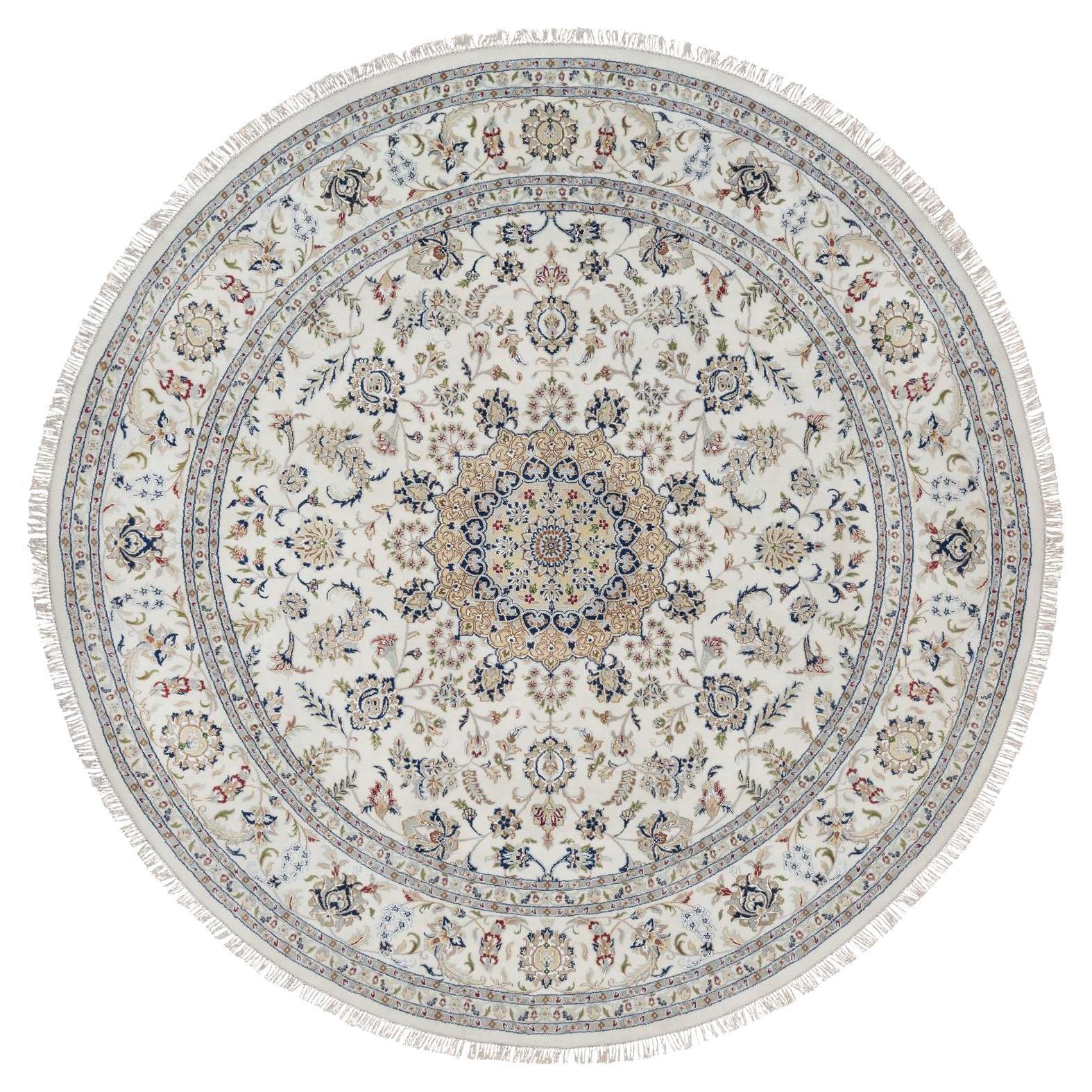9
10"x9
10" Ivory Nain with Medallion Design Hand Knotted Wool 
Silk Round Rug