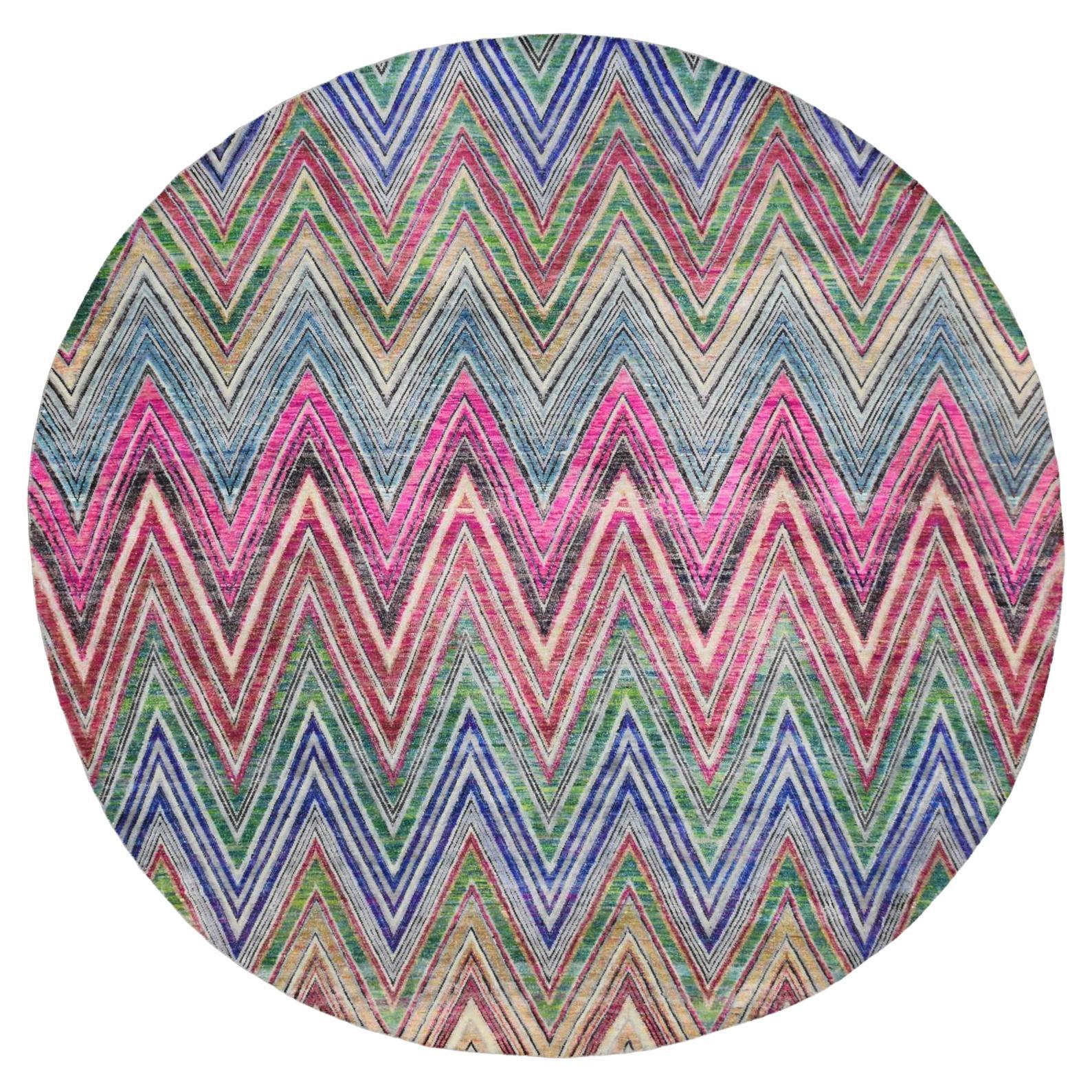 9'10"x9'10" Pink Colorful Chevron Design Hand Knotted Silk with Wool Round Rug