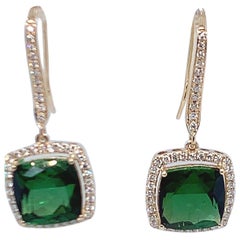 9.11 Carat Green Tourmaline Diamond Ear Wire Earrings in 14K Gold