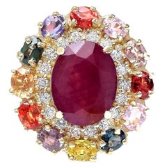 Dazzling Natural Ruby, Sapphire Diamond Ring In 14 Karat Solid Yellow Gold 