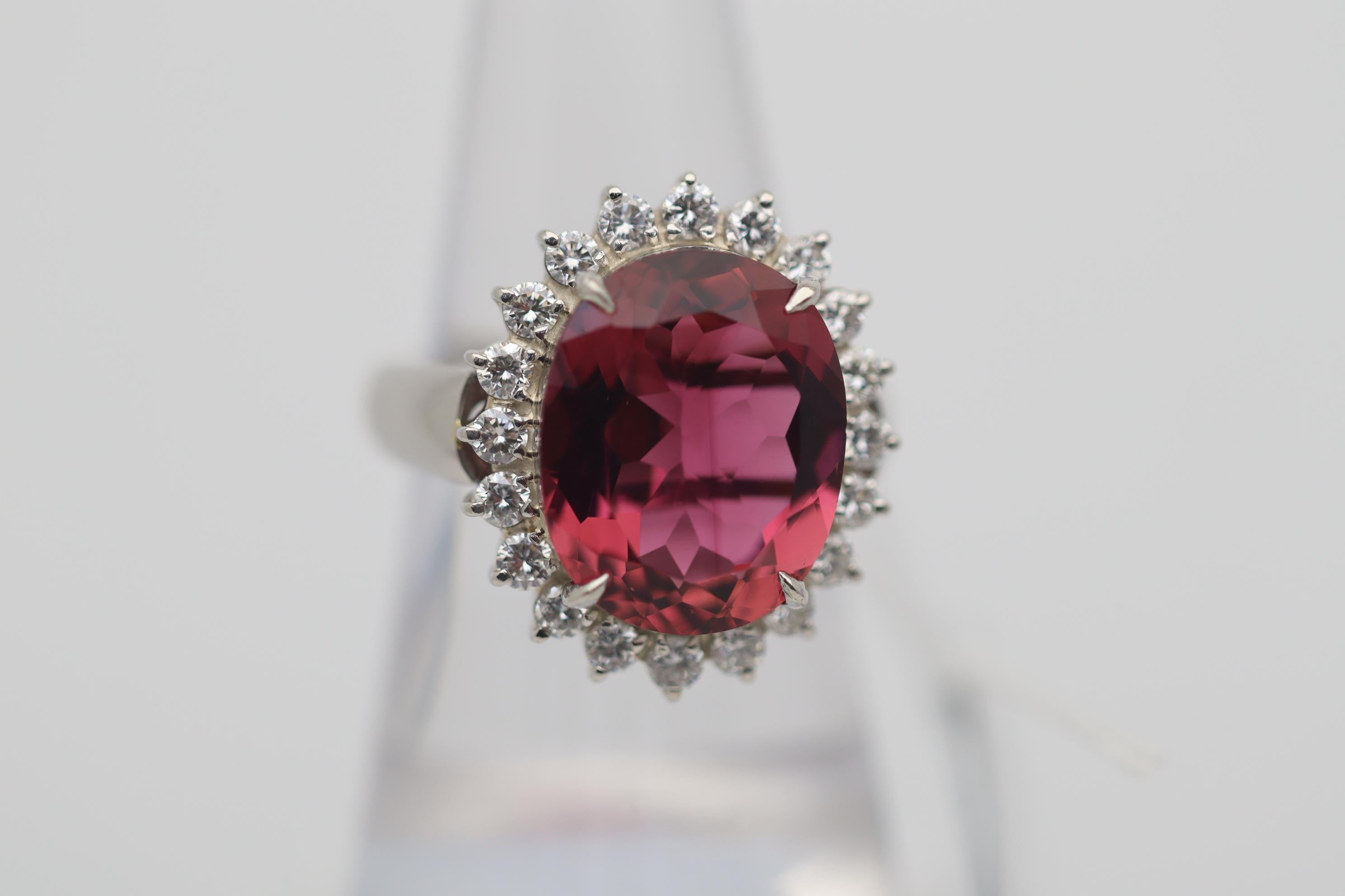 Oval Cut 9.11 Carat Pink Tourmaline Diamond Halo Platinum Ring For Sale