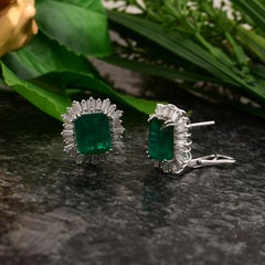 9.11 Carat Zambian Emerald 1.88 Carat SI/H Diamond Earrings 18 Karat White Gold