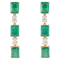 9.11 Carats Octagon Cut Emerald Diamond Drop Earrings 18k Solid Yellow Gold