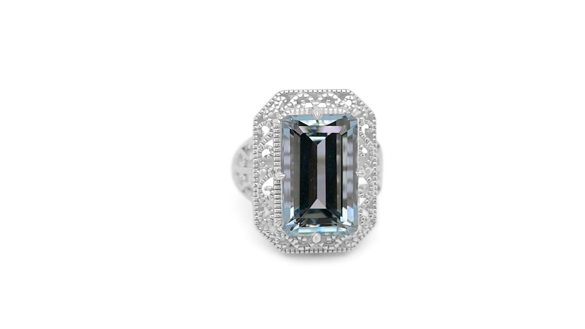 Art Deco 9.11 Ctw Aquamarine Cocktail Ring 925 Sterling Silver Bridal Engagement Ring  For Sale