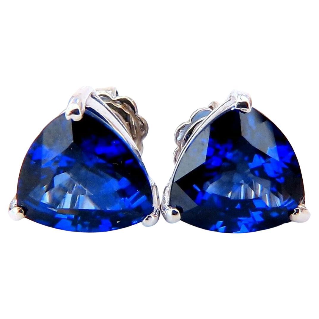 9.11ct. Trilliant Cut Lab Sapphire Royal Blue Stud Earrings 14kt For Sale