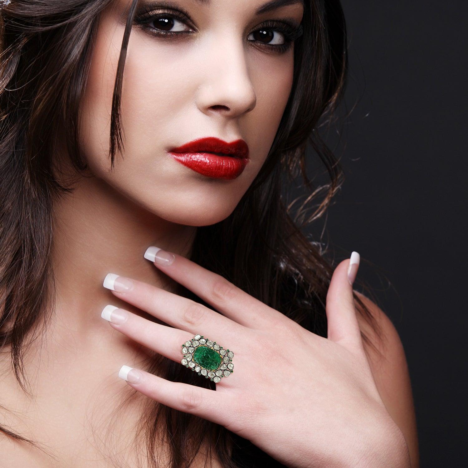 For Sale:  9.12 Carat Carved Emerald Rose Cut Diamond Cocktail Ring 2