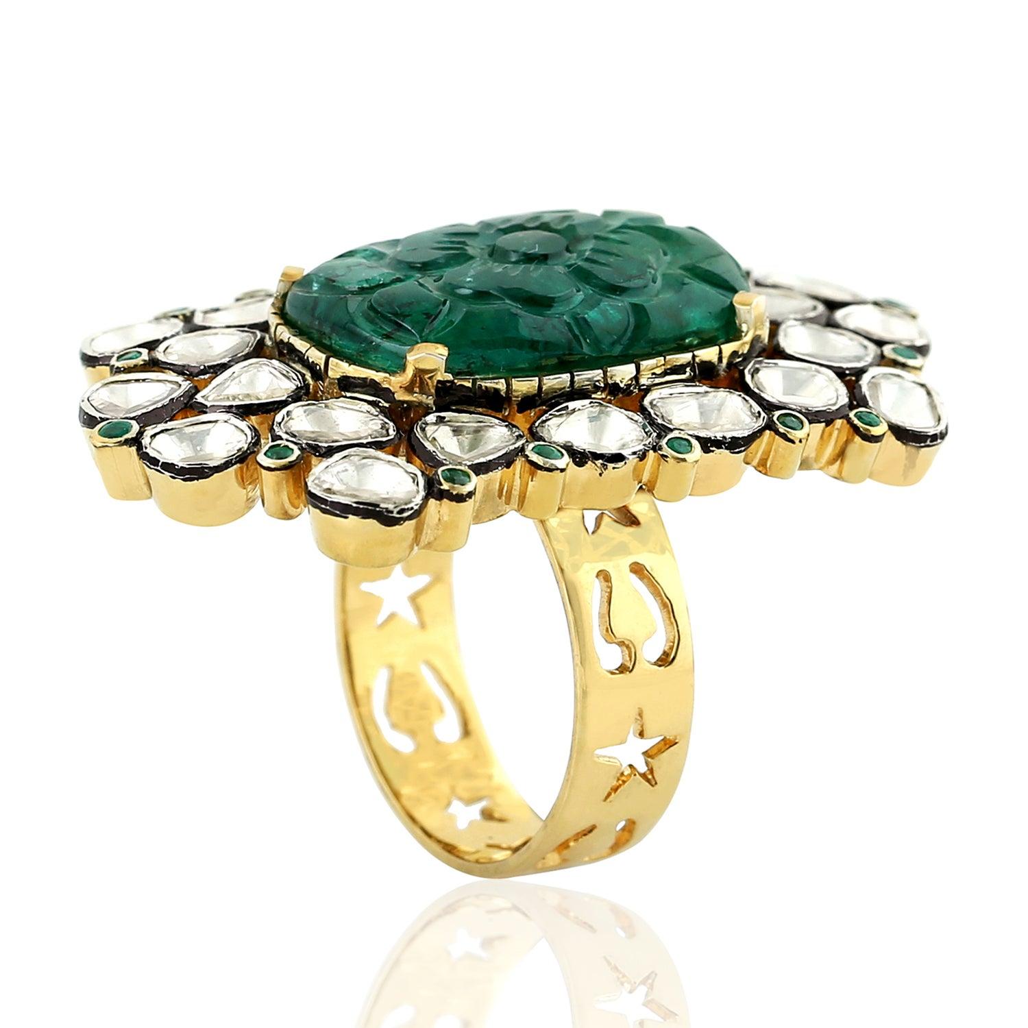 For Sale:  9.12 Carat Carved Emerald Rose Cut Diamond Cocktail Ring 4