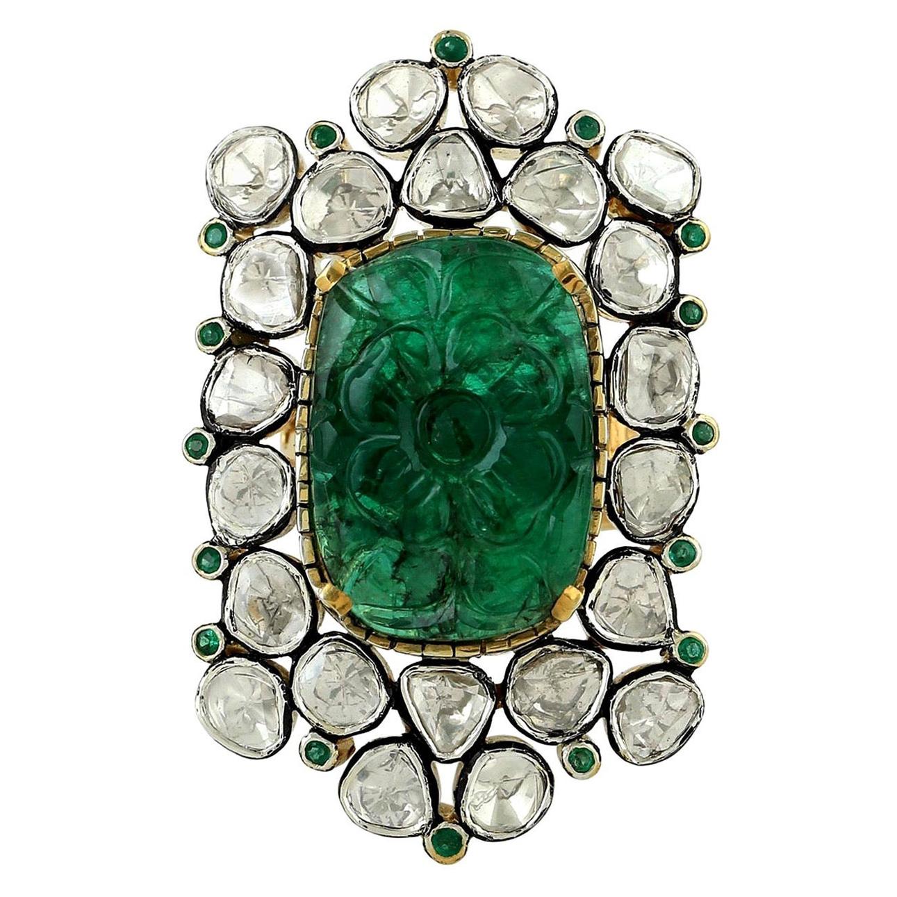 For Sale:  9.12 Carat Carved Emerald Rose Cut Diamond Cocktail Ring