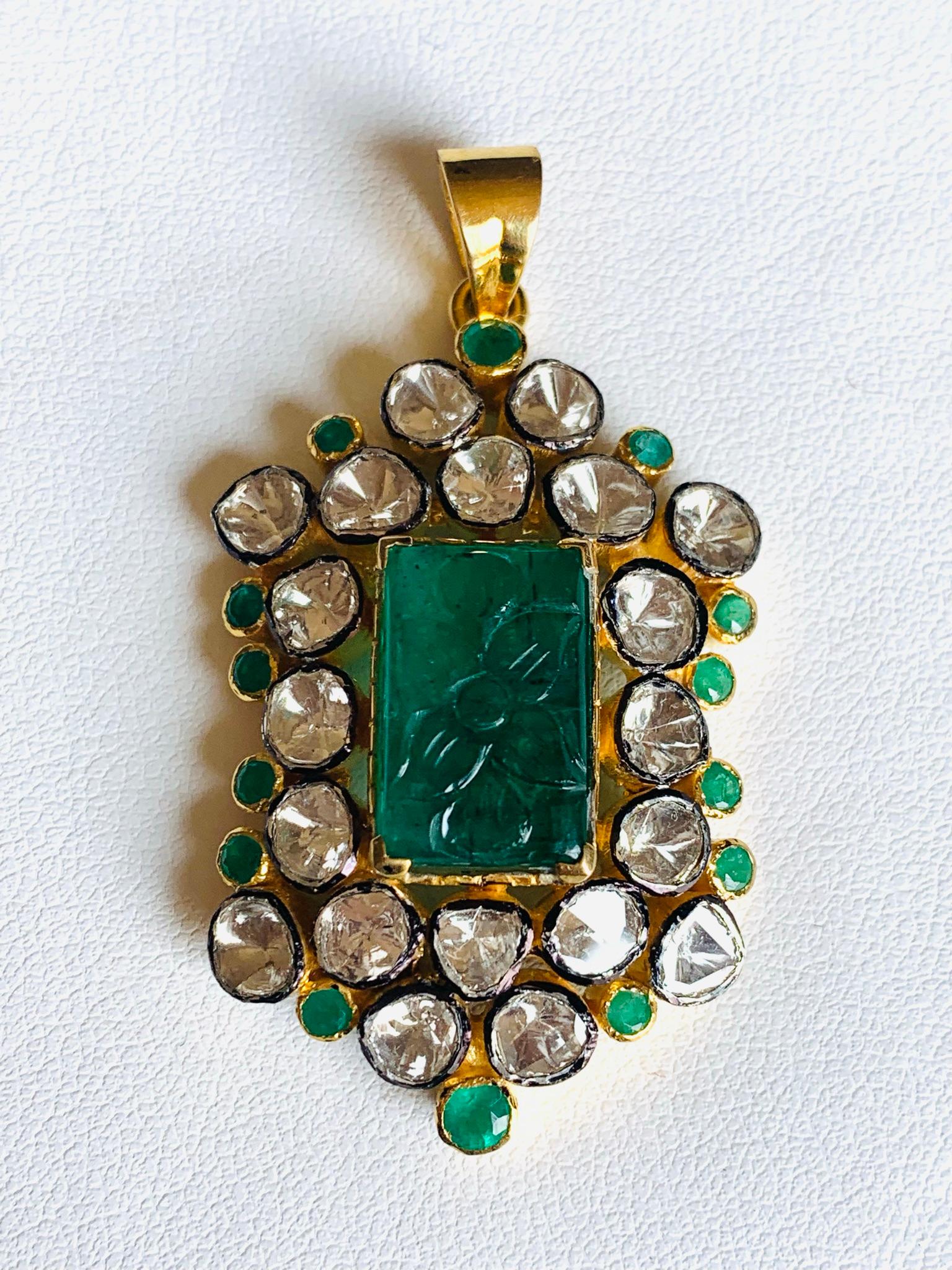 Artisan 9.12 Carat Carved Emerald Rose Cut Diamond Pendant Necklace For Sale