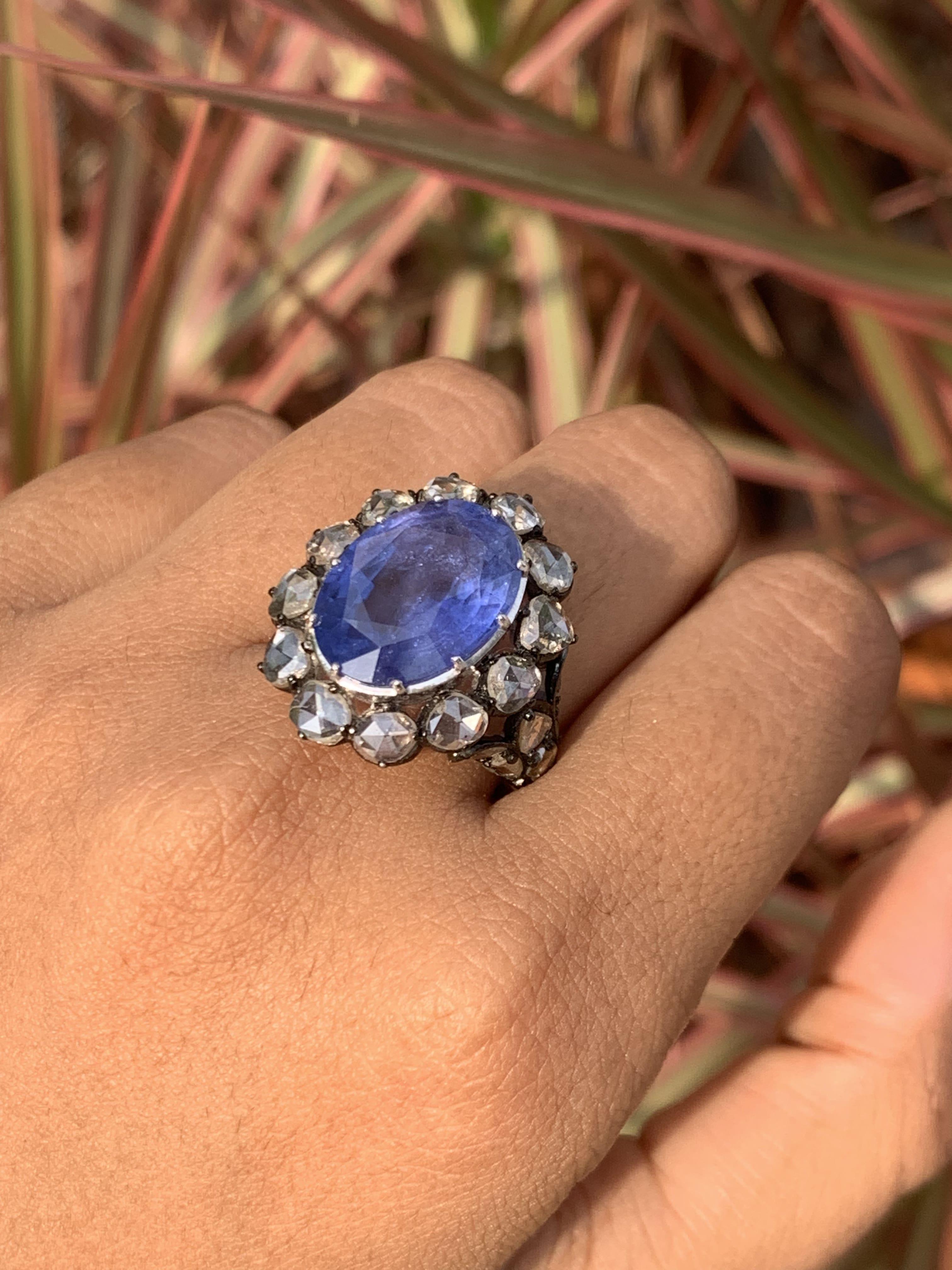 Ceylon Sapphire 9.12 Carat Art Deco Inspired Ring with Rose Cut Diamonds For Sale 6
