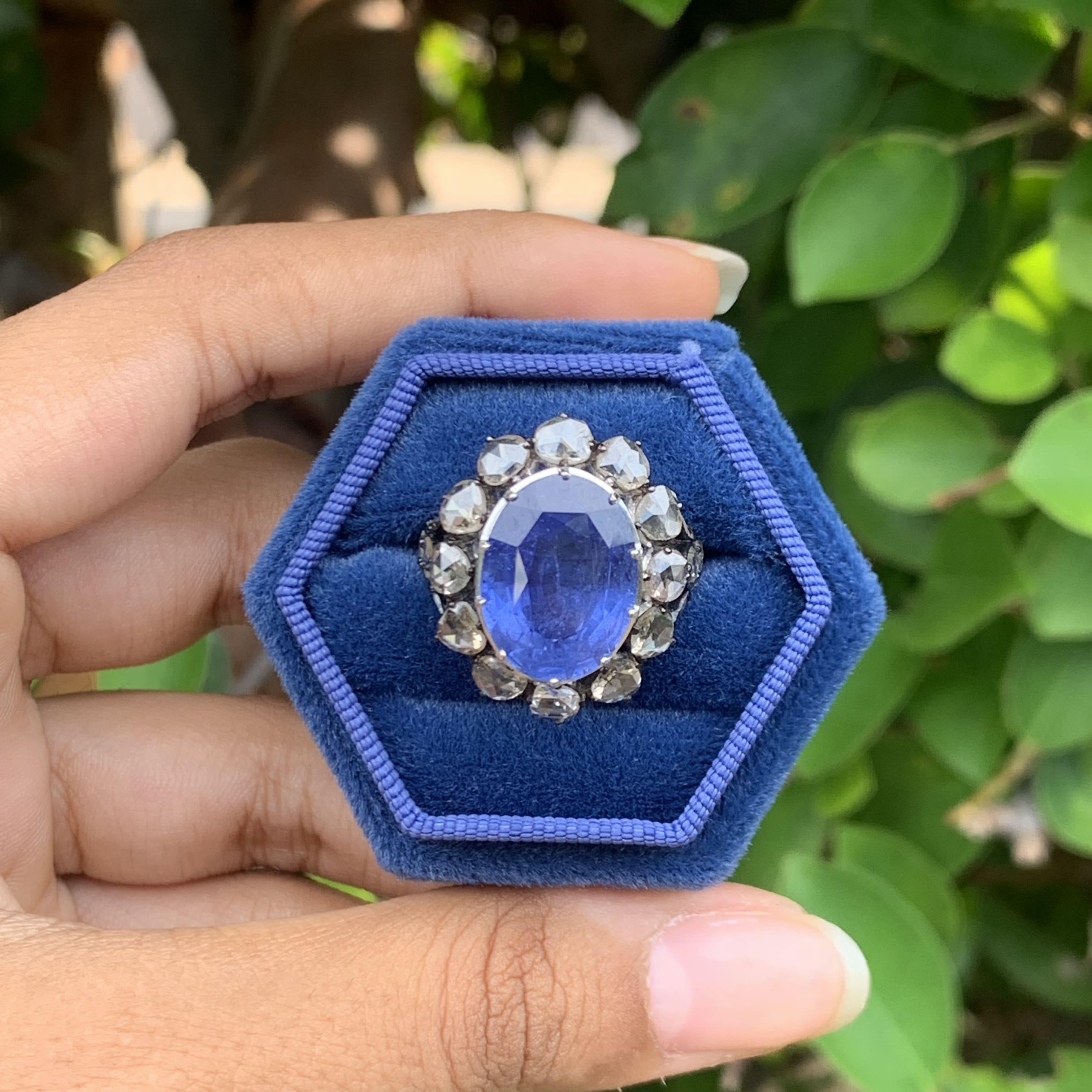Women's or Men's Ceylon Sapphire 9.12 Carat Art Deco Inspired Ring with Rose Cut Diamonds For Sale