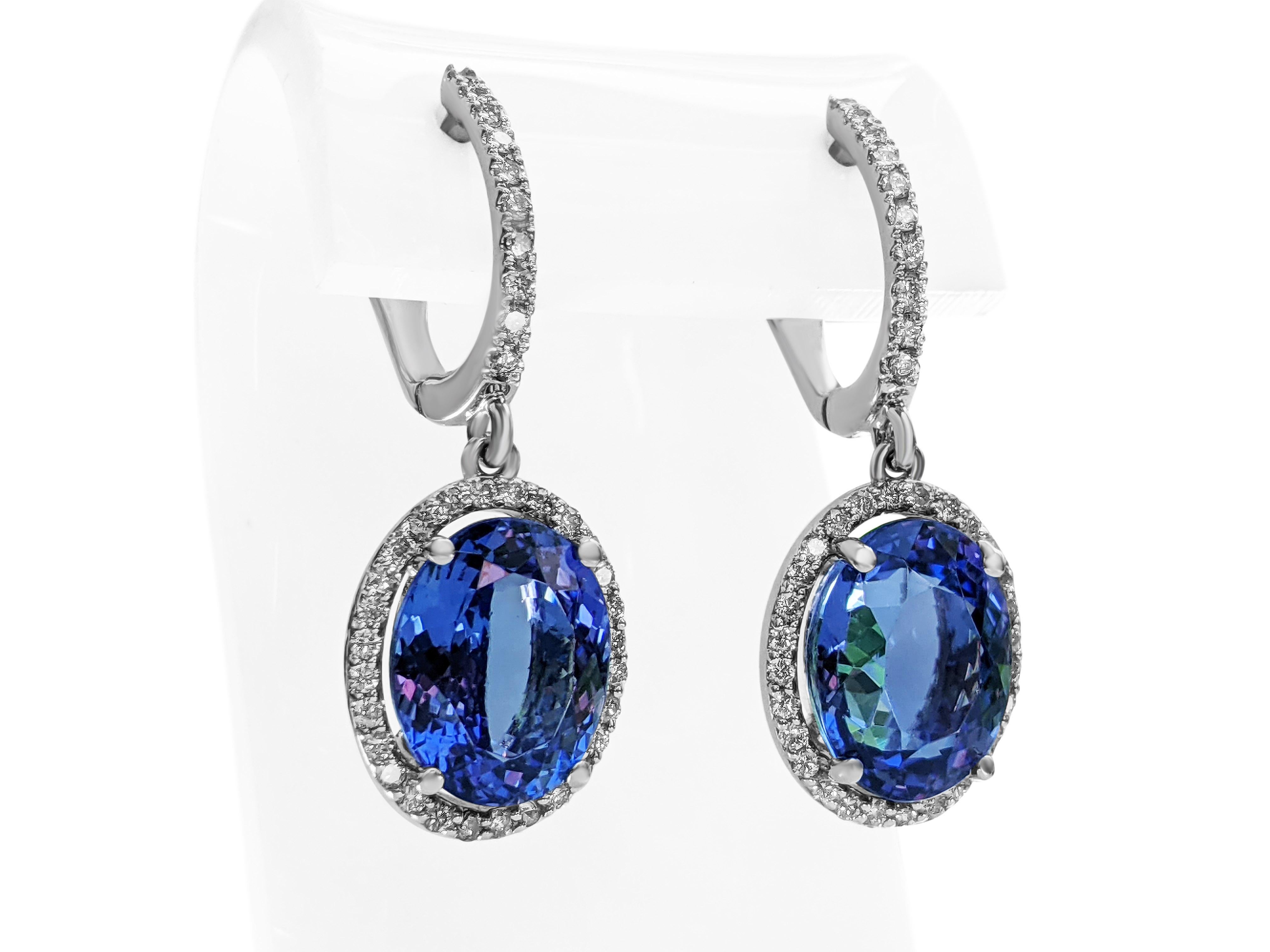 Oval Cut 9.12 Carat Tanzanite and 0.80 Ct Diamonds, 18 Kt. White Gold, Earrings
