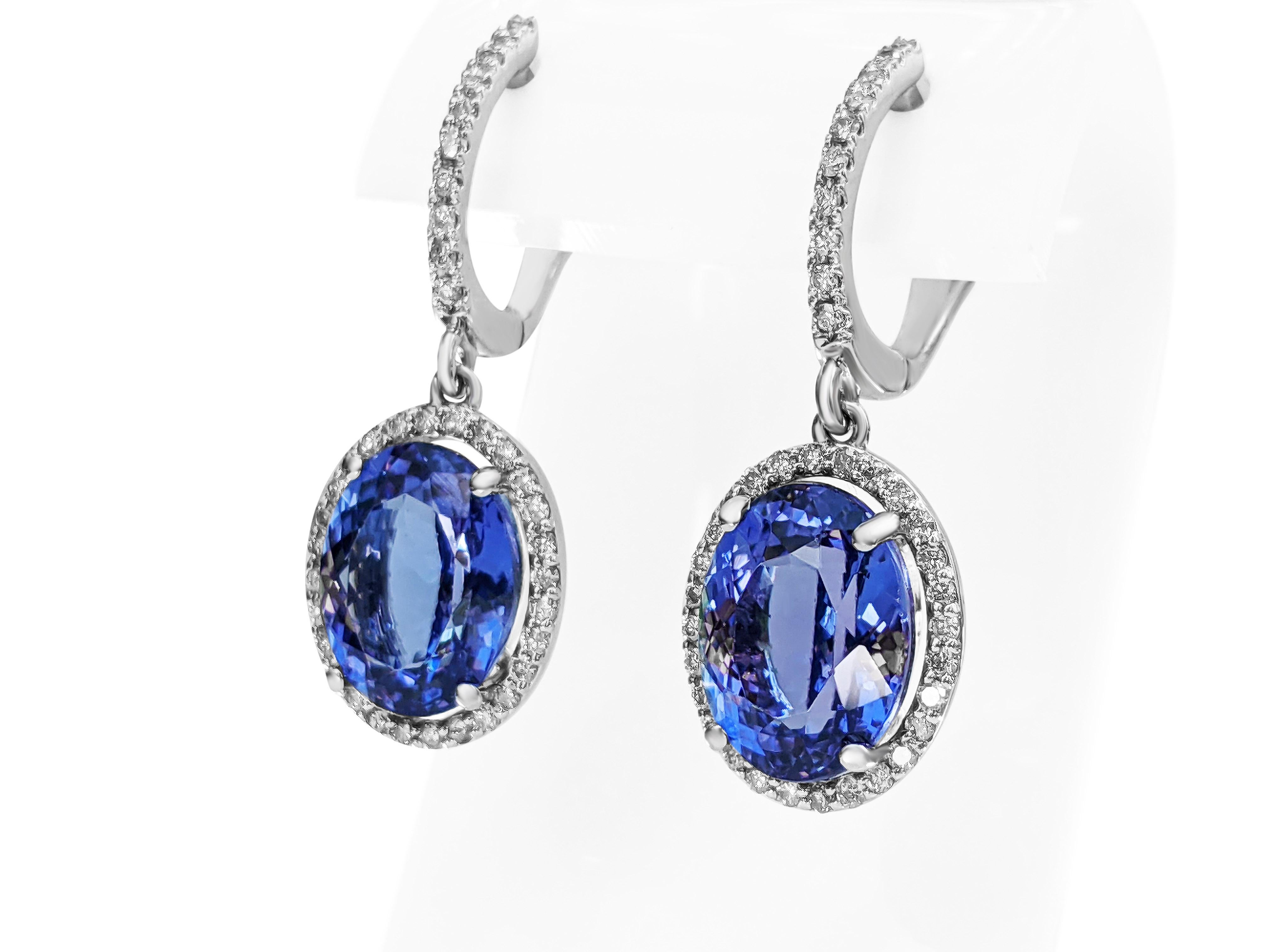 Women's 9.12 Carat Tanzanite and 0.80 Ct Diamonds, 18 Kt. White Gold, Earrings