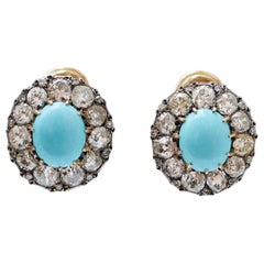 Vintage 9.12 Carats Diamonds, Turquoise, 18 Karat Yellow Gold and Silver Earrings.