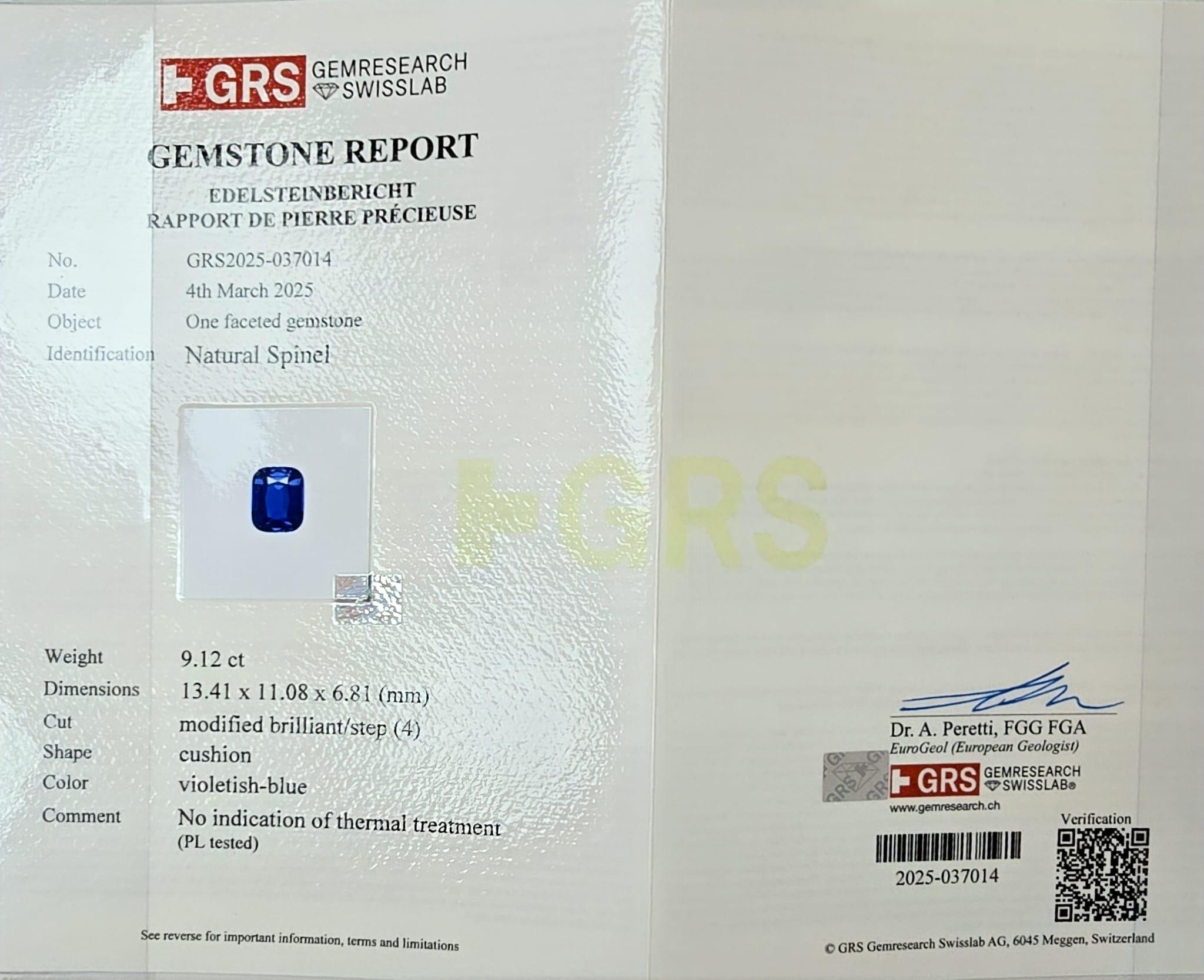 9.12ct Bleu Cushion Shape Natural Spinel (No Heat) For Sale 2