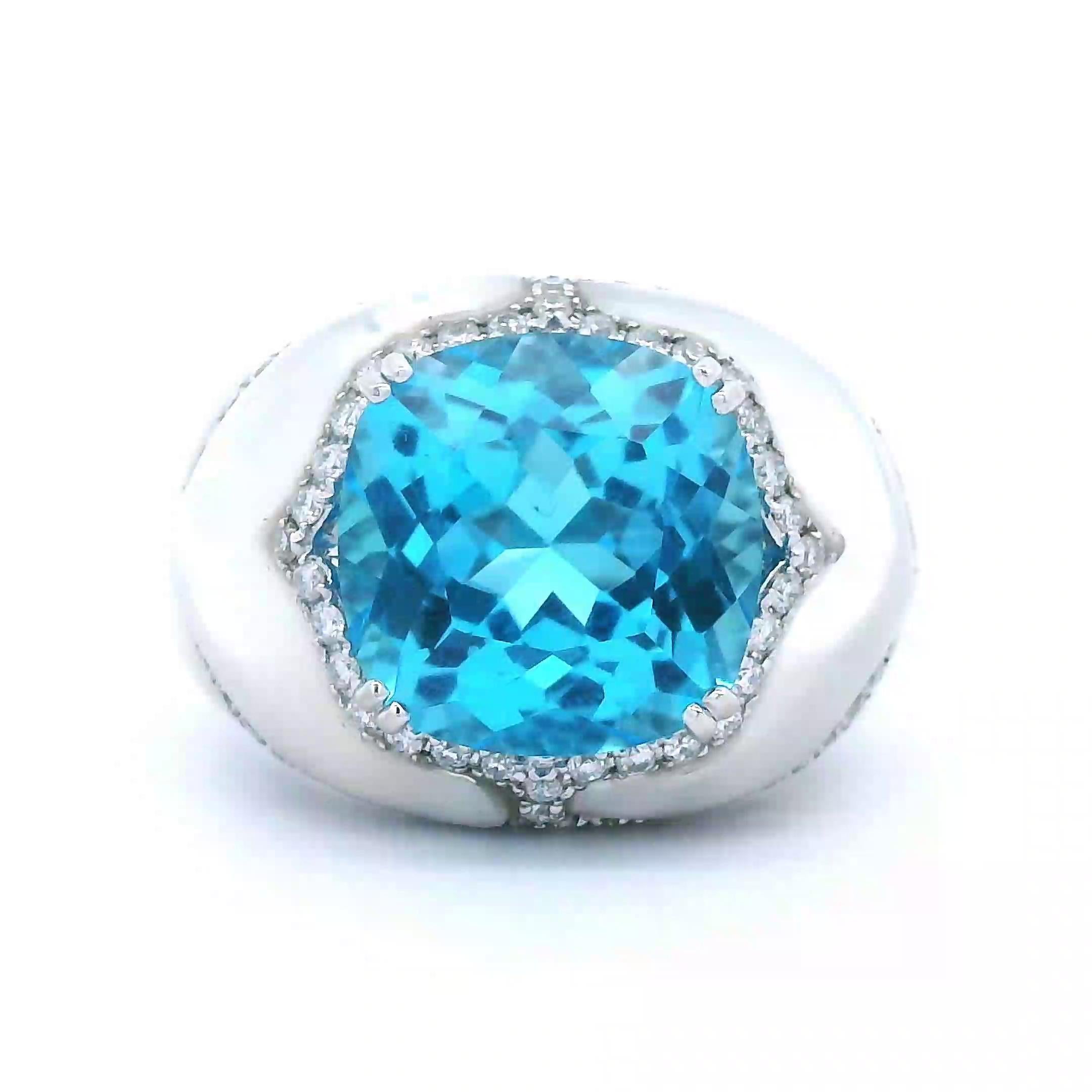 9,12 Karat elektrischer blauer Topas und Perlmutt mit Diamantring aus Weißgold (Kissenschliff) im Angebot