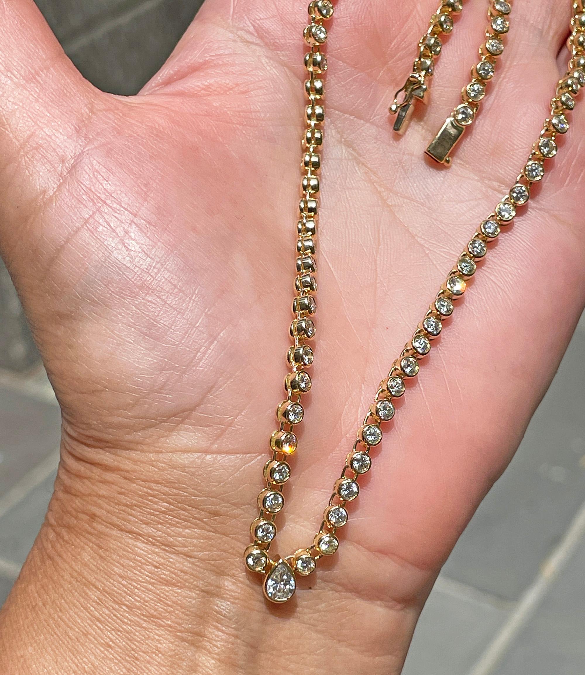Italian Vintage 9.12ct Pear Shaped & Round Diamond Bezel Tennis 18KYG Necklace 6