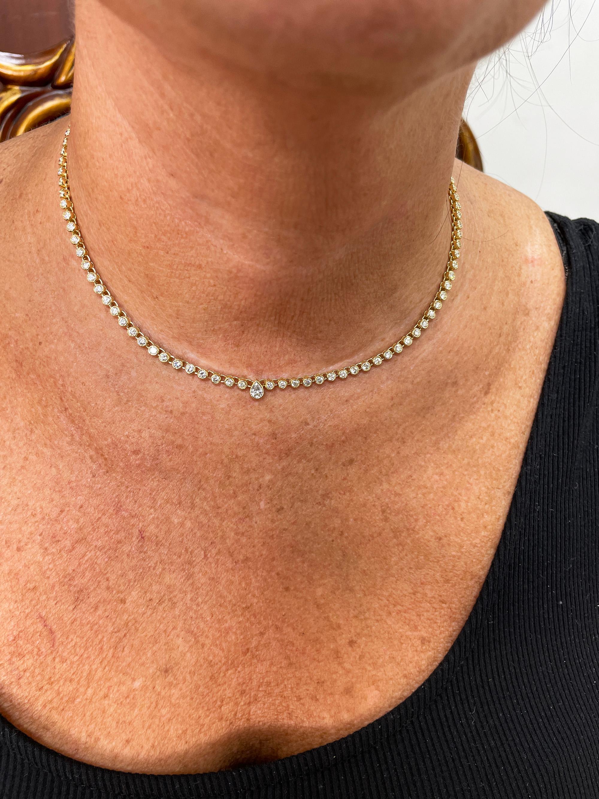 Italian Vintage 9.12ct Pear Shaped & Round Diamond Bezel Tennis 18KYG Necklace 7