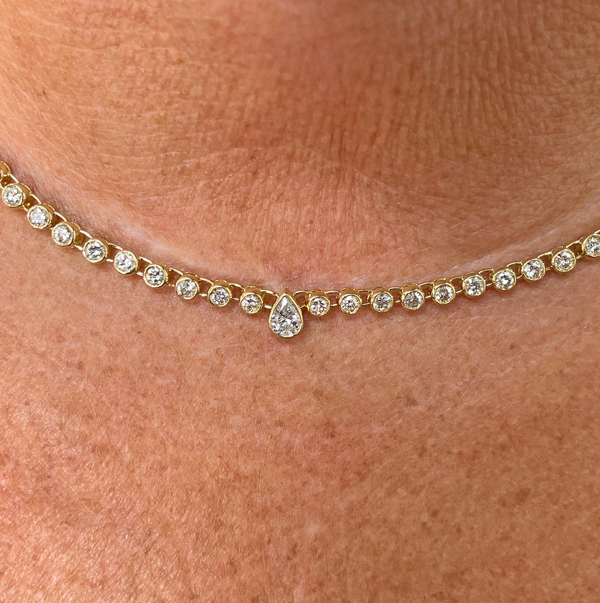 Italian Vintage 9.12ct Pear Shaped & Round Diamond Bezel Tennis 18KYG Necklace 8