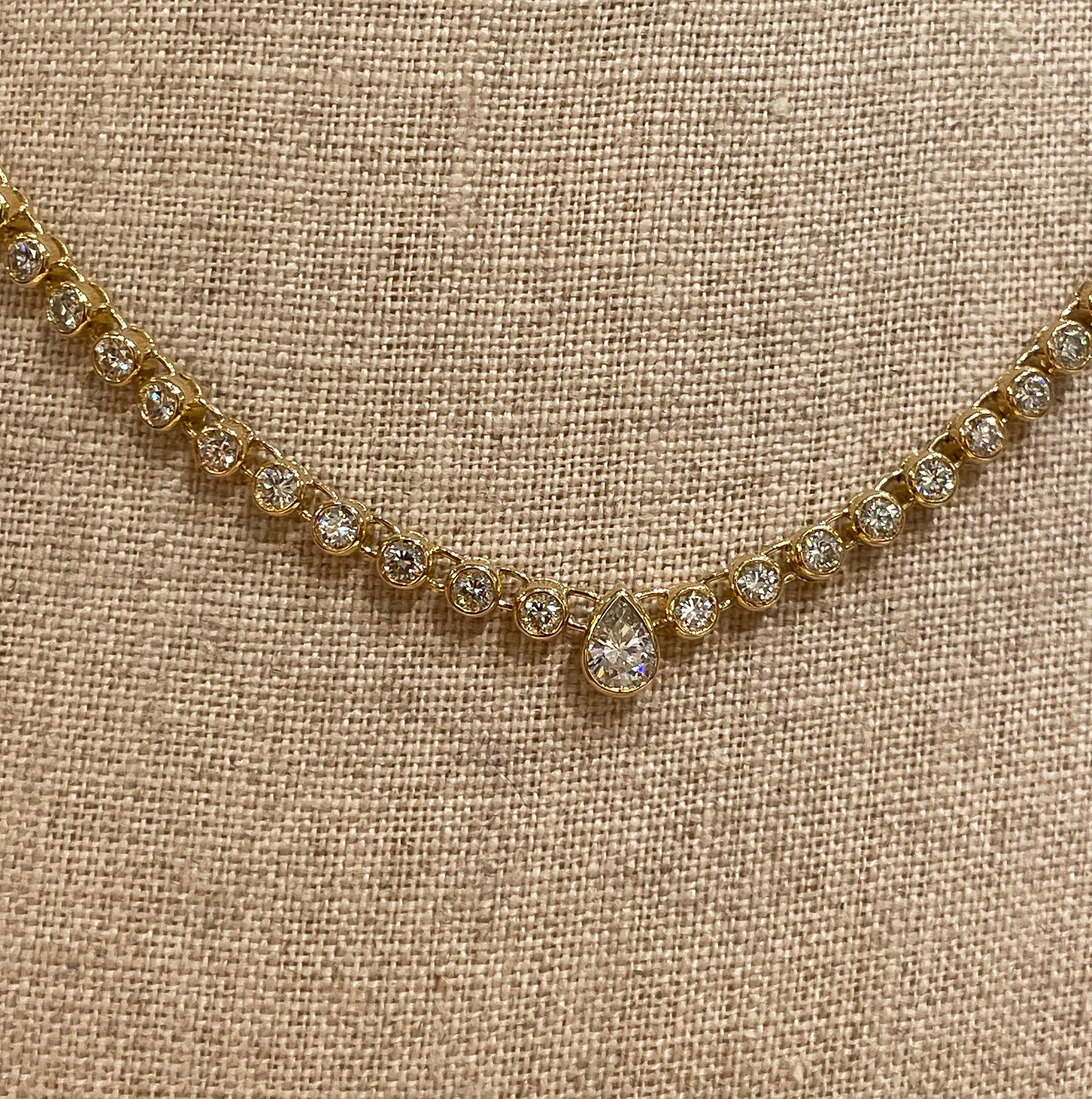 Italian Vintage 9.12ct Pear Shaped & Round Diamond Bezel Tennis 18KYG Necklace 9