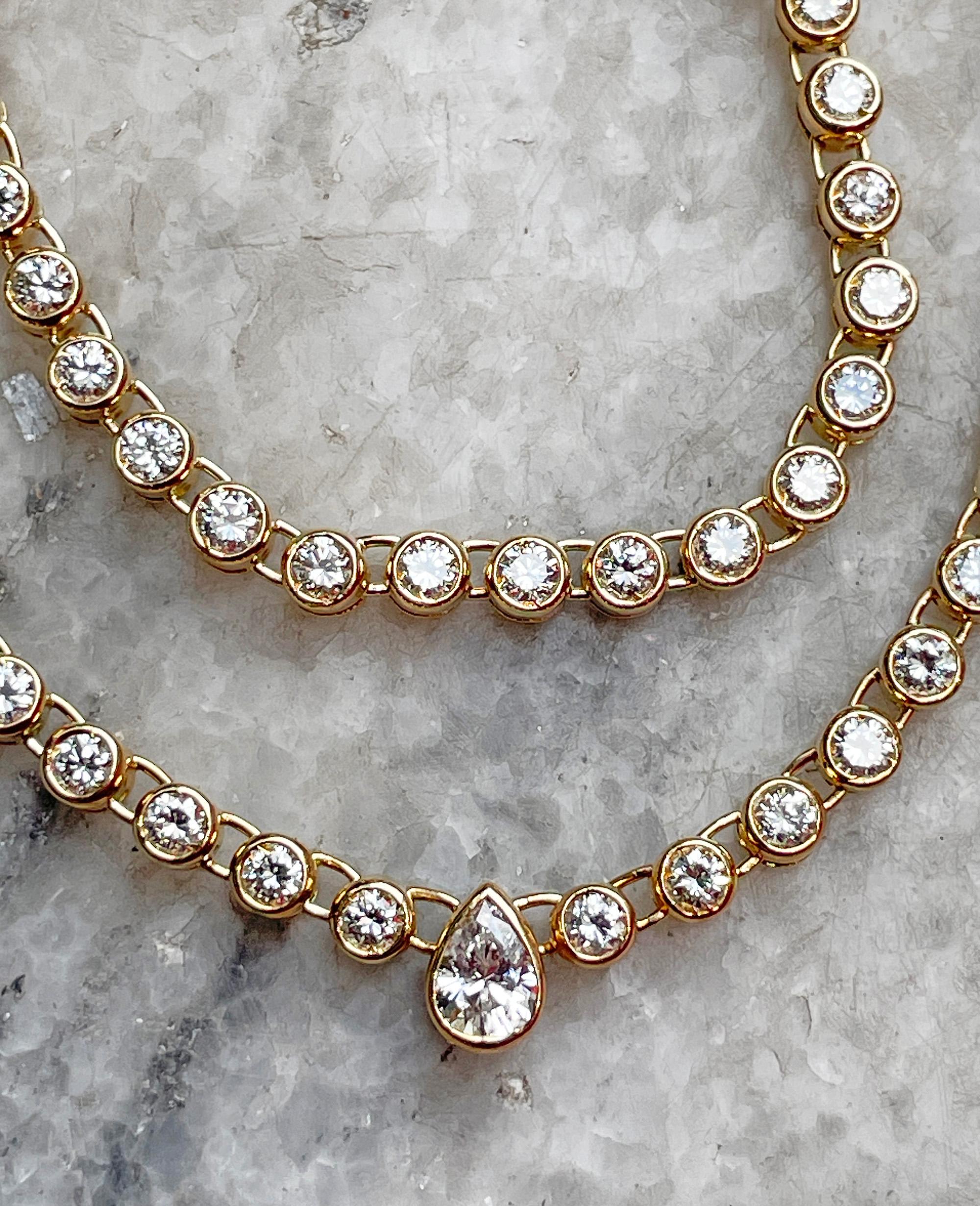 Italian Vintage 9.12ct Pear Shaped & Round Diamond Bezel Tennis 18KYG Necklace 10