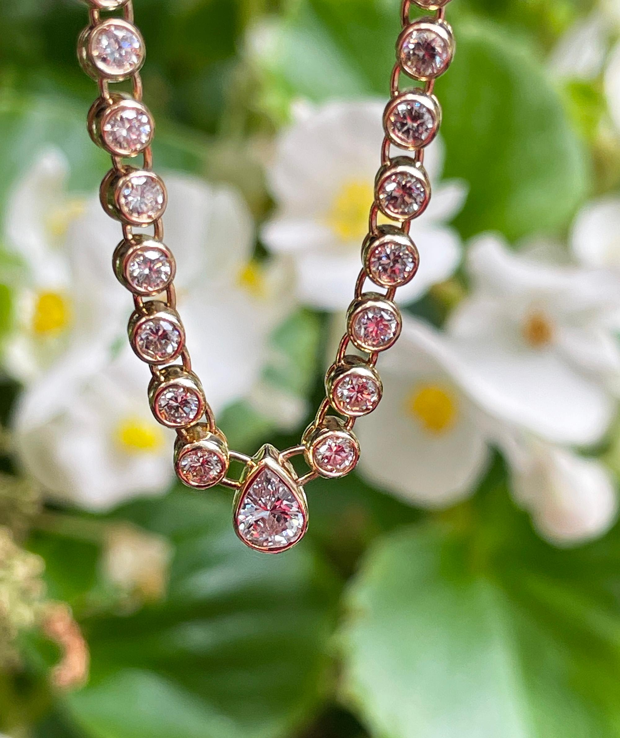 Italian Vintage 9.12ct Pear Shaped & Round Diamond Bezel Tennis 18KYG Necklace 12
