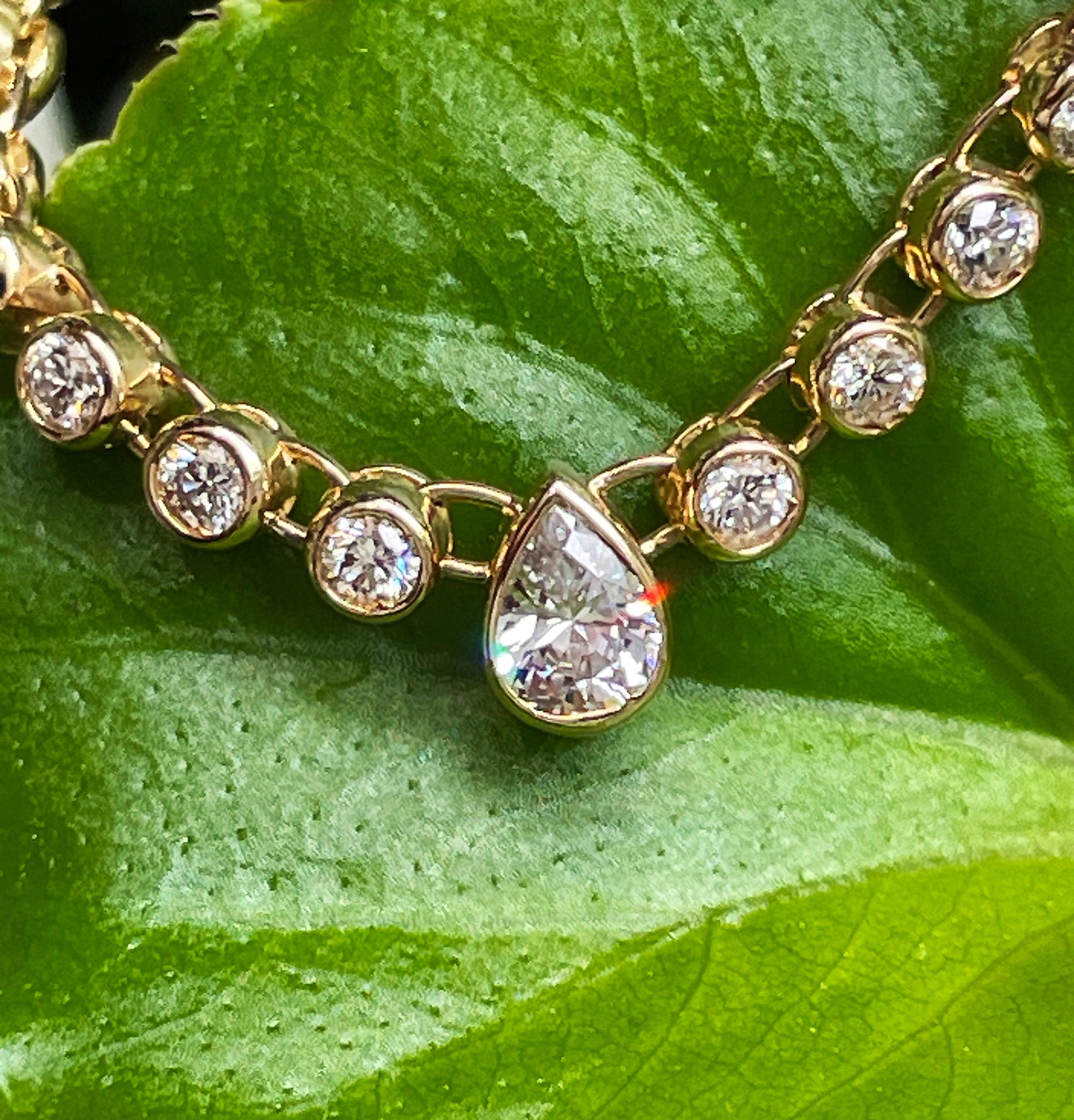 Italian Vintage 9.12ct Pear Shaped & Round Diamond Bezel Tennis 18KYG Necklace 13