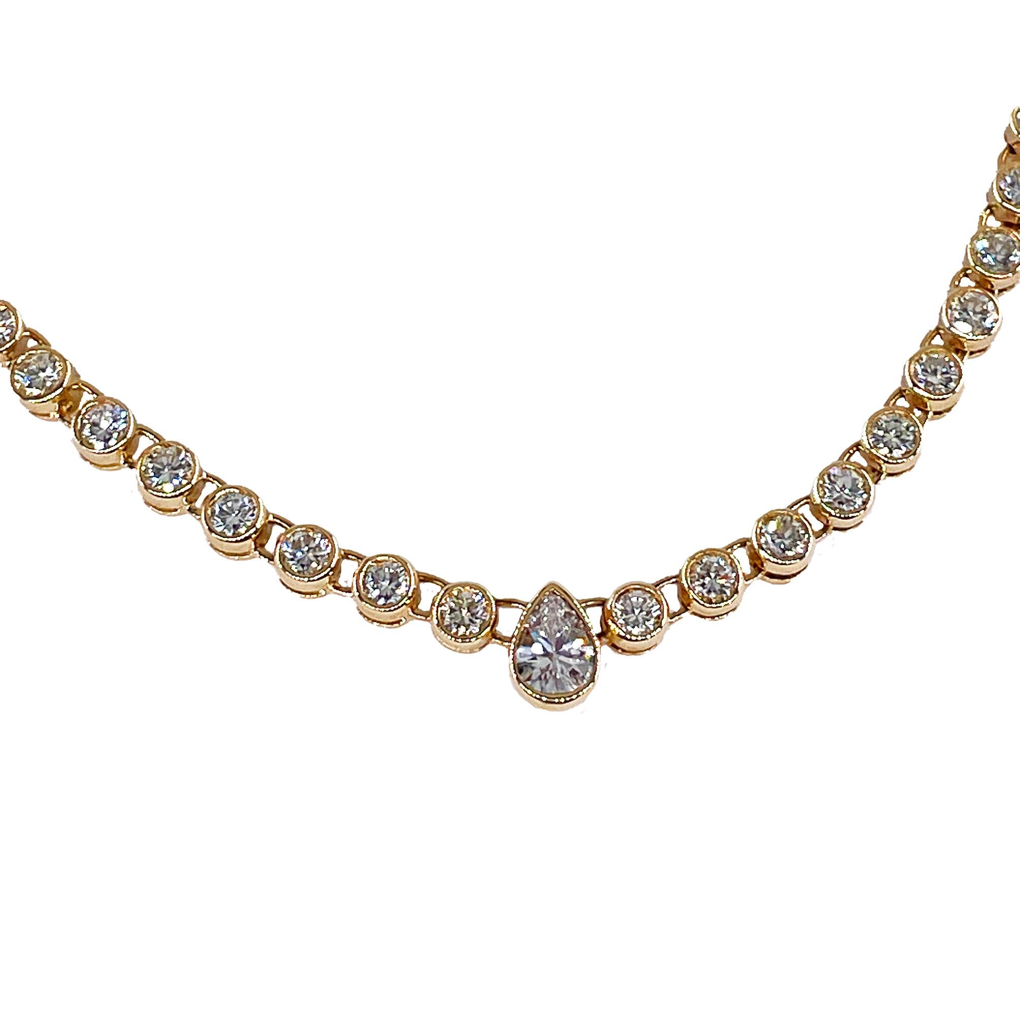 Italian Vintage 9.12ct Pear Shaped & Round Diamond Bezel Tennis 18KYG Necklace 14