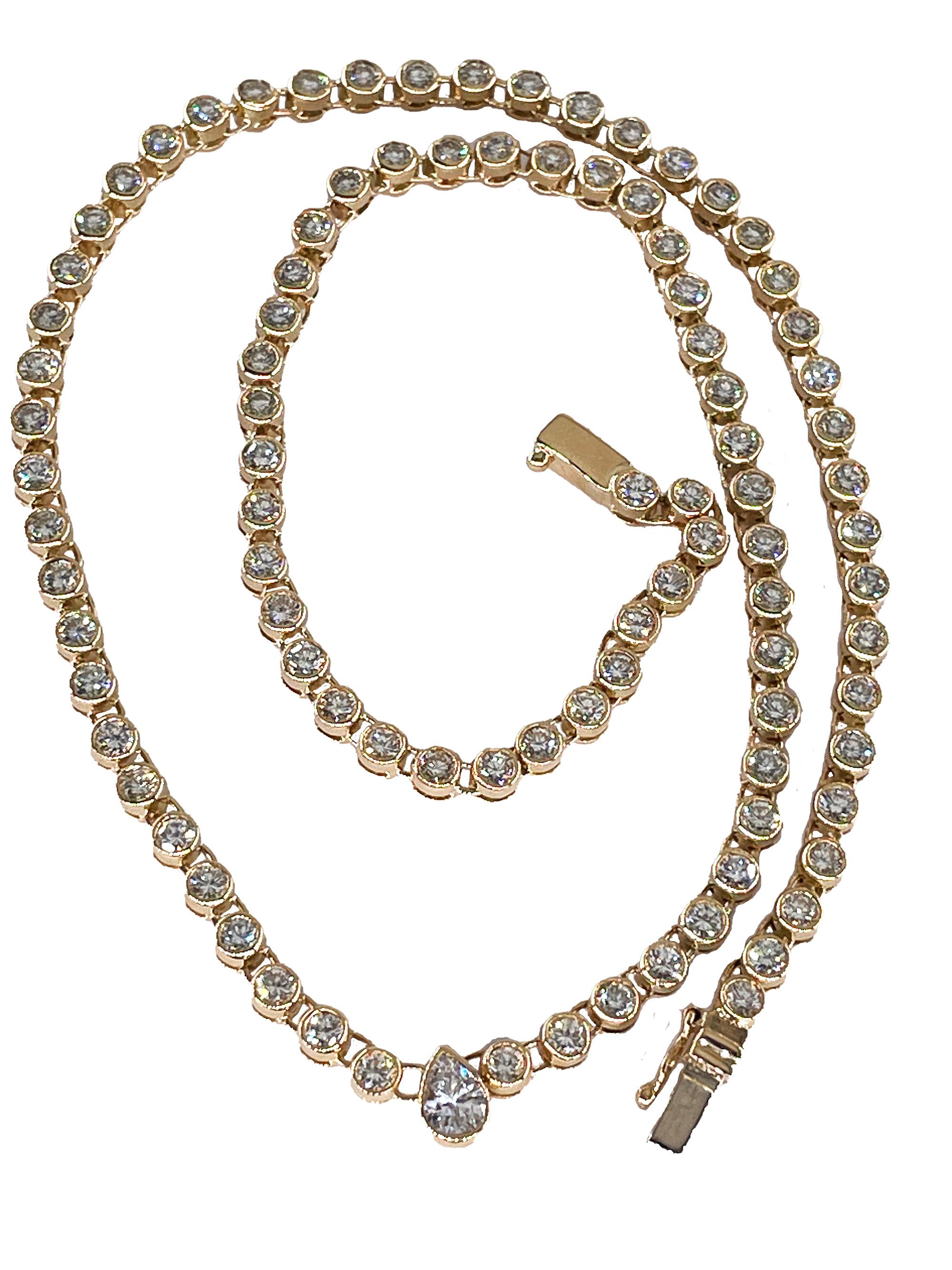 Pear Cut Italian Vintage 9.12ct Pear Shaped & Round Diamond Bezel Tennis 18KYG Necklace