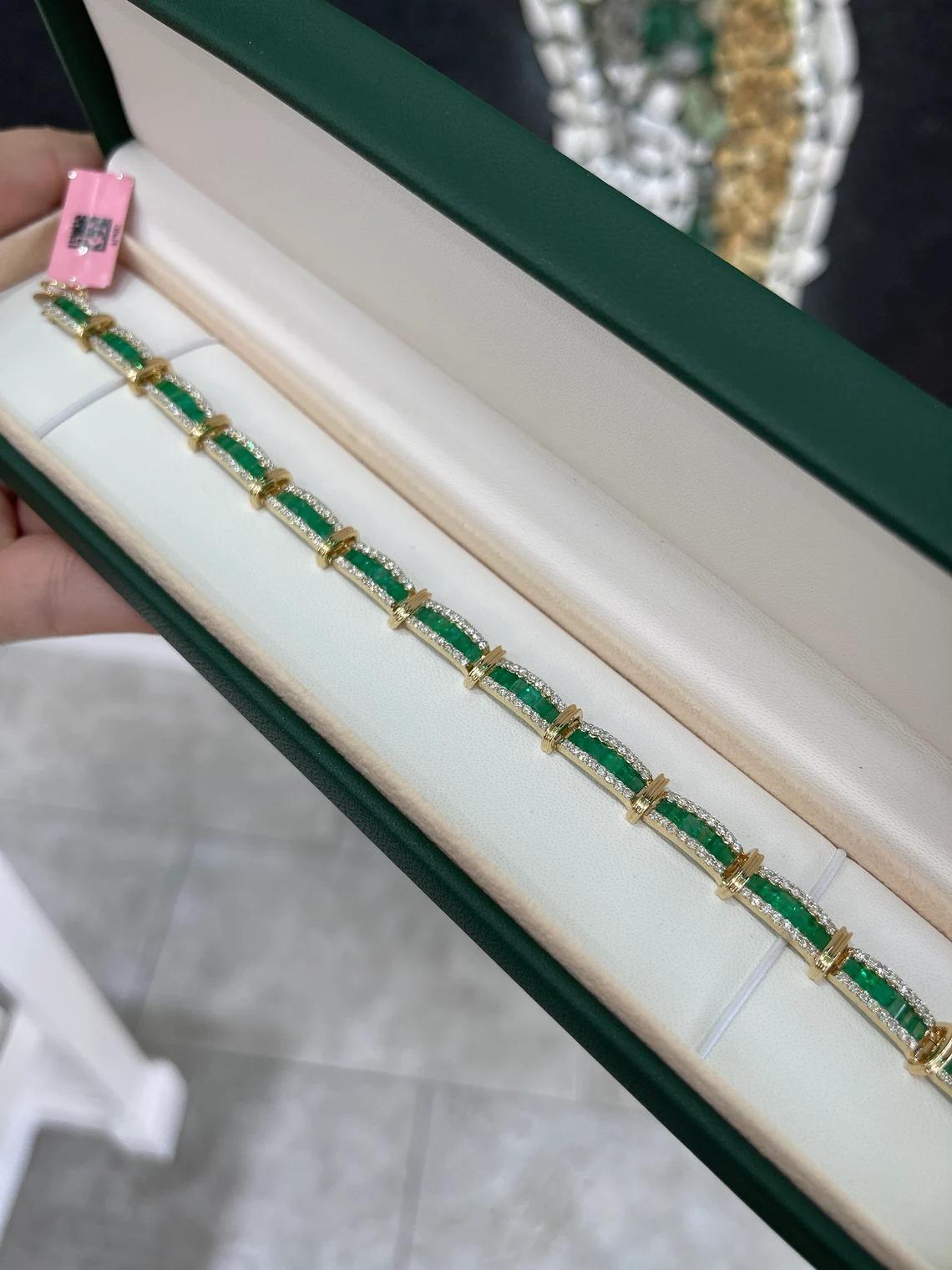 Emerald Cut 9.12tcw 14K High End Natural Dark Green Emerald & Diamond Cluster Gold Bracelet For Sale